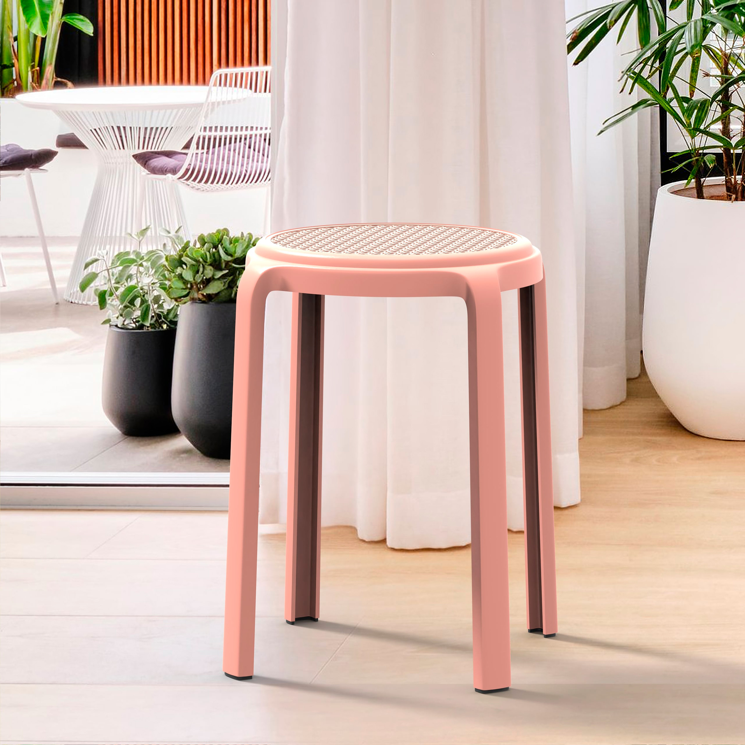 LeisureMod Tresse Mid-Century Modern Stackable Round Plastic Dining Stool - Pink