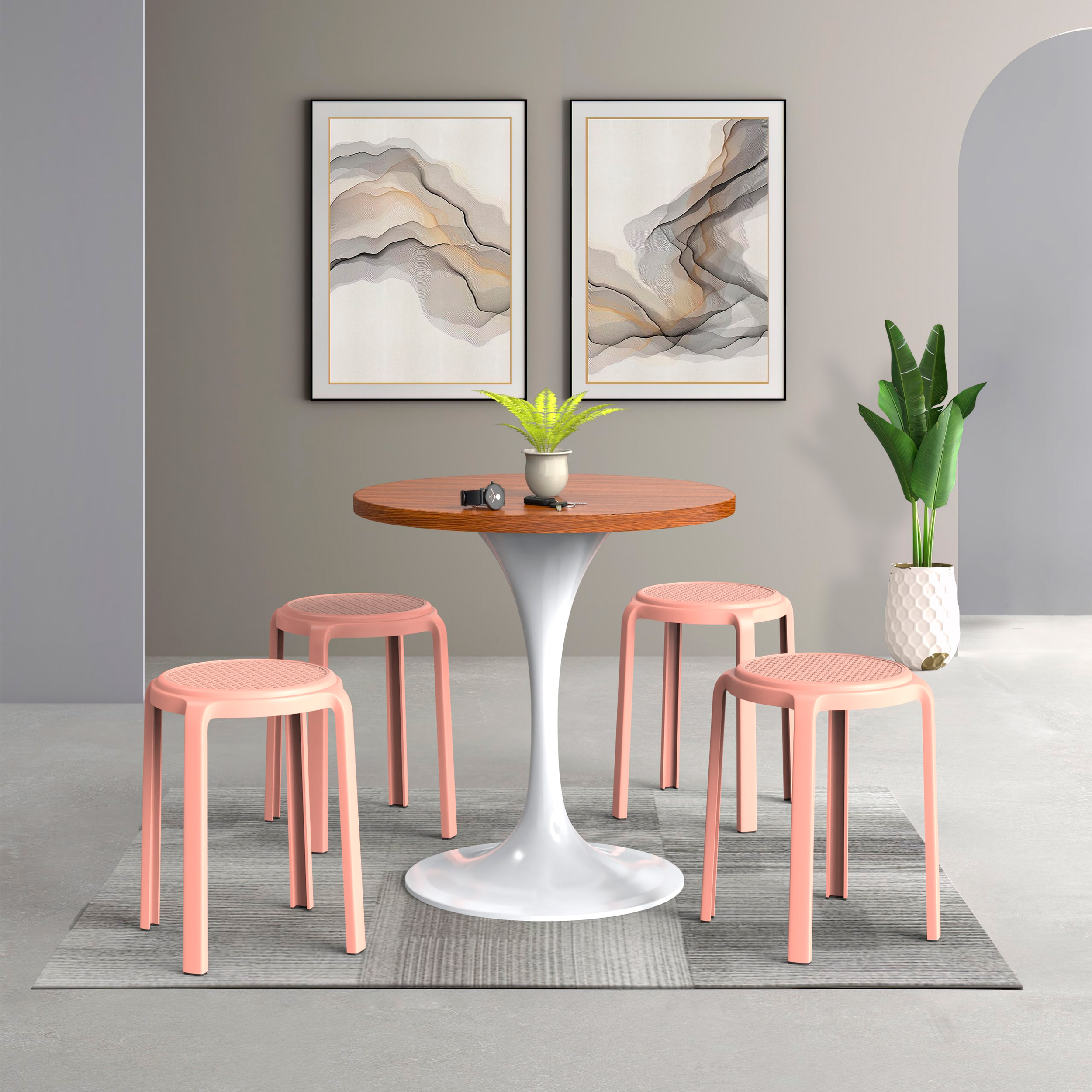 LeisureMod Tresse Mid-Century Modern Stackable Round Plastic Dining Stool - Pink