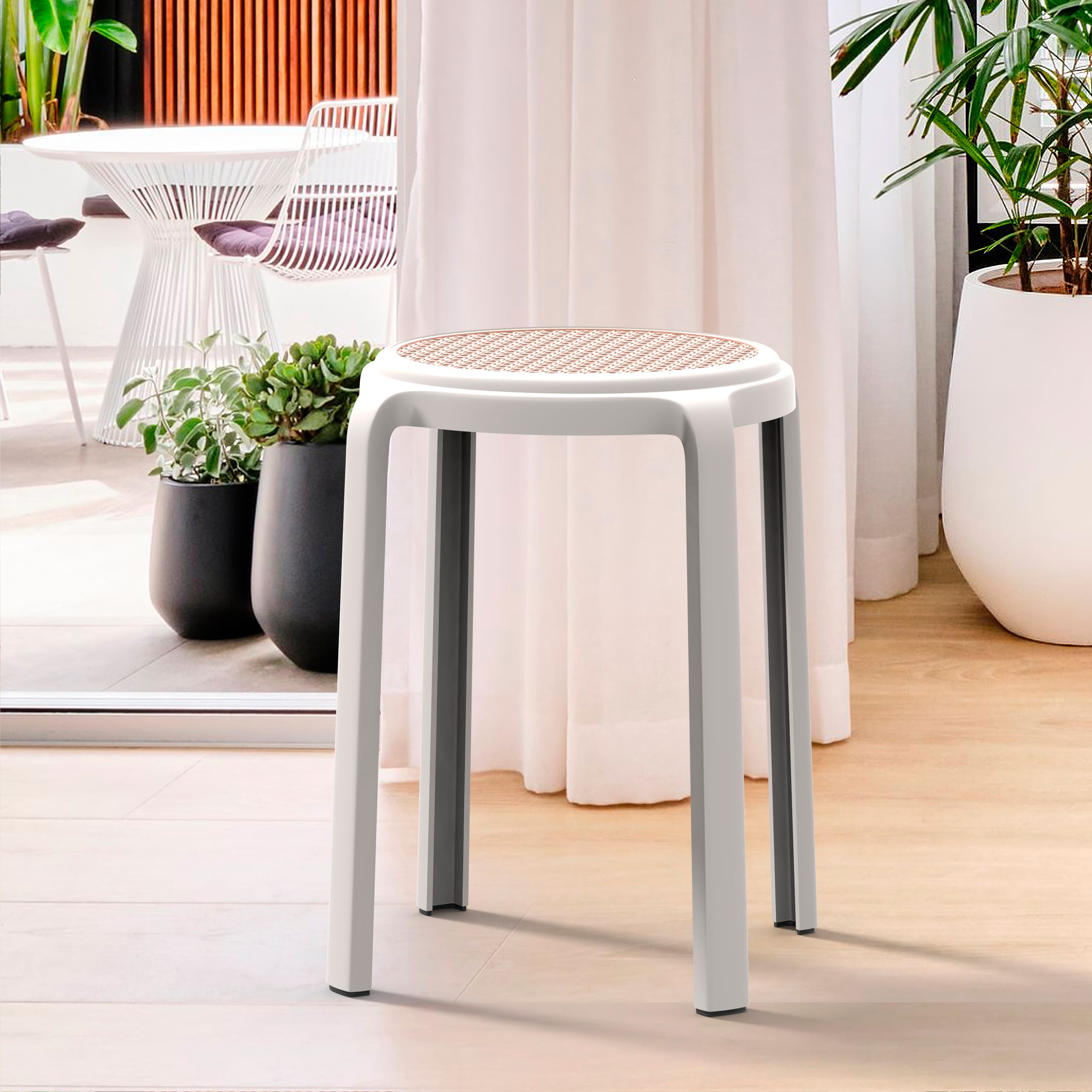 LeisureMod Tresse Mid-Century Modern Stackable Round Plastic Dining Stool - White