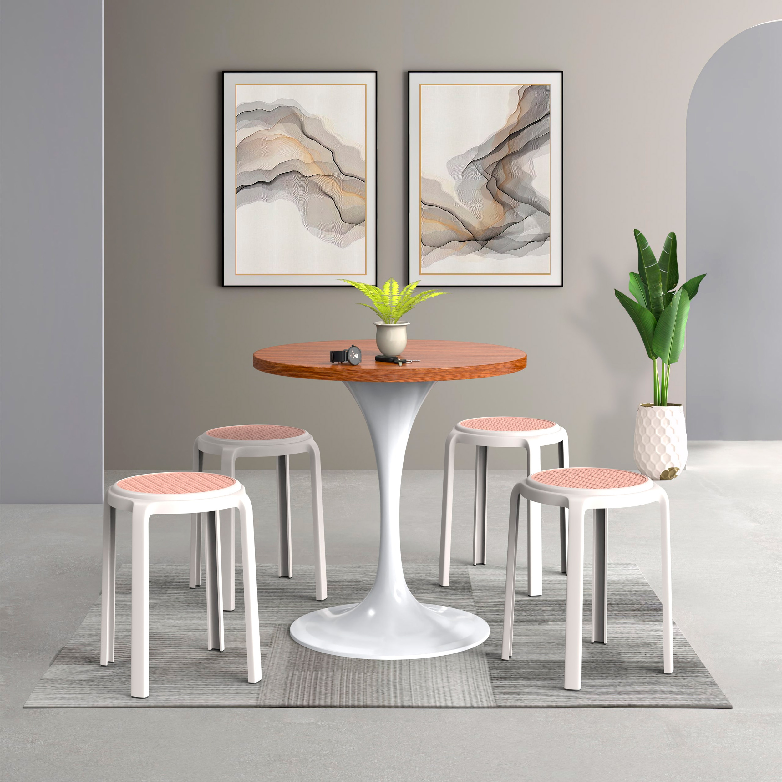 LeisureMod Tresse Mid-Century Modern Stackable Round Plastic Dining Stool - White