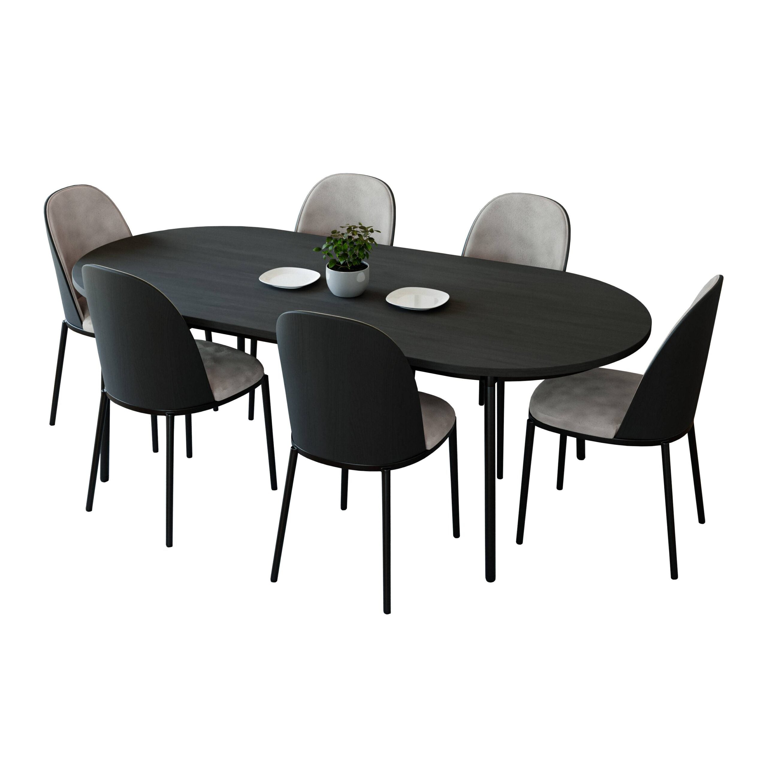 LeisureMod Tule 7-Piece Dining Set in Steel Frame with 6 Dining Chairs and 71" Oval Dining Table with MDF Top