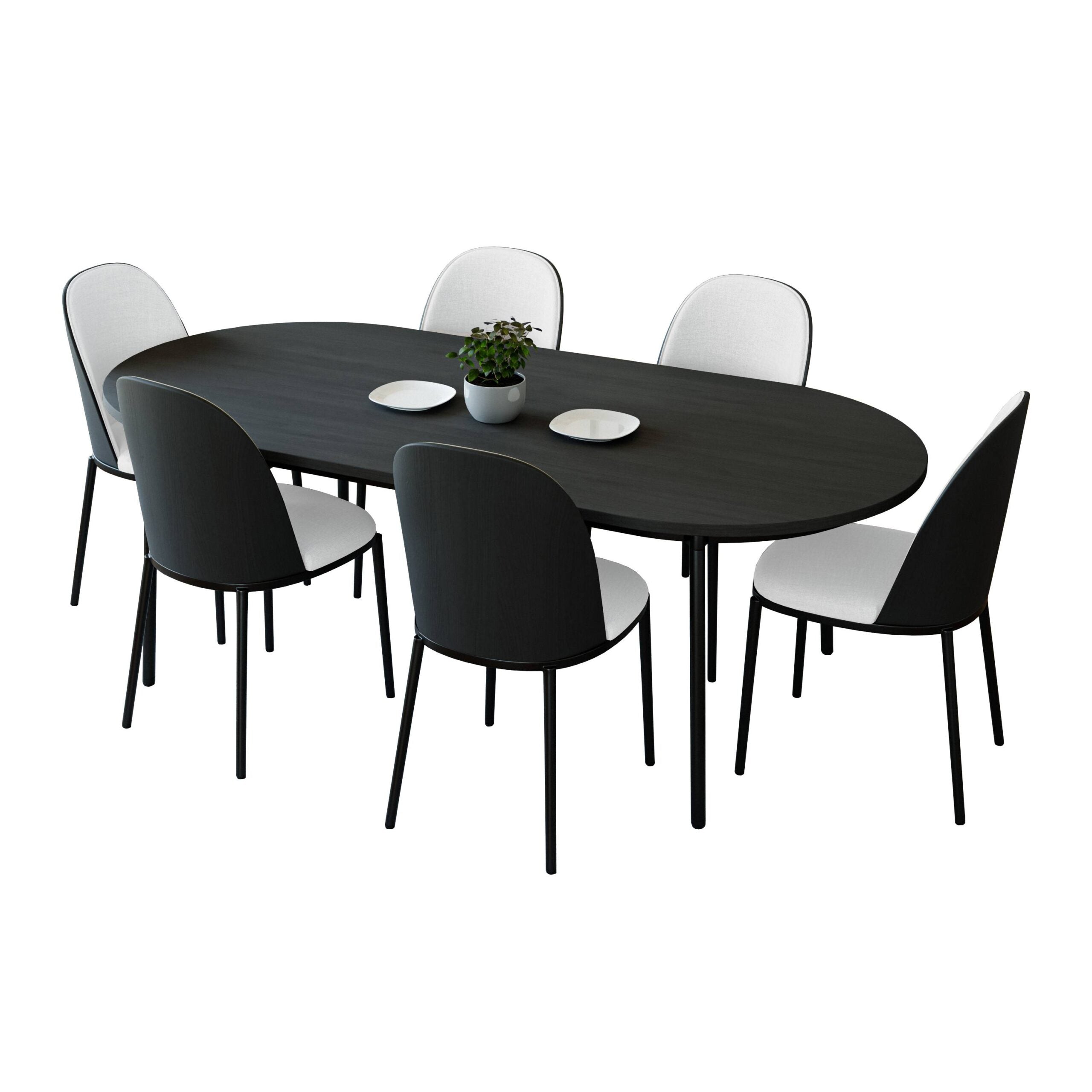 LeisureMod Tule 7-Piece Dining Set in Steel Frame with 6 Dining Chairs and 71" Oval Dining Table with MDF Top