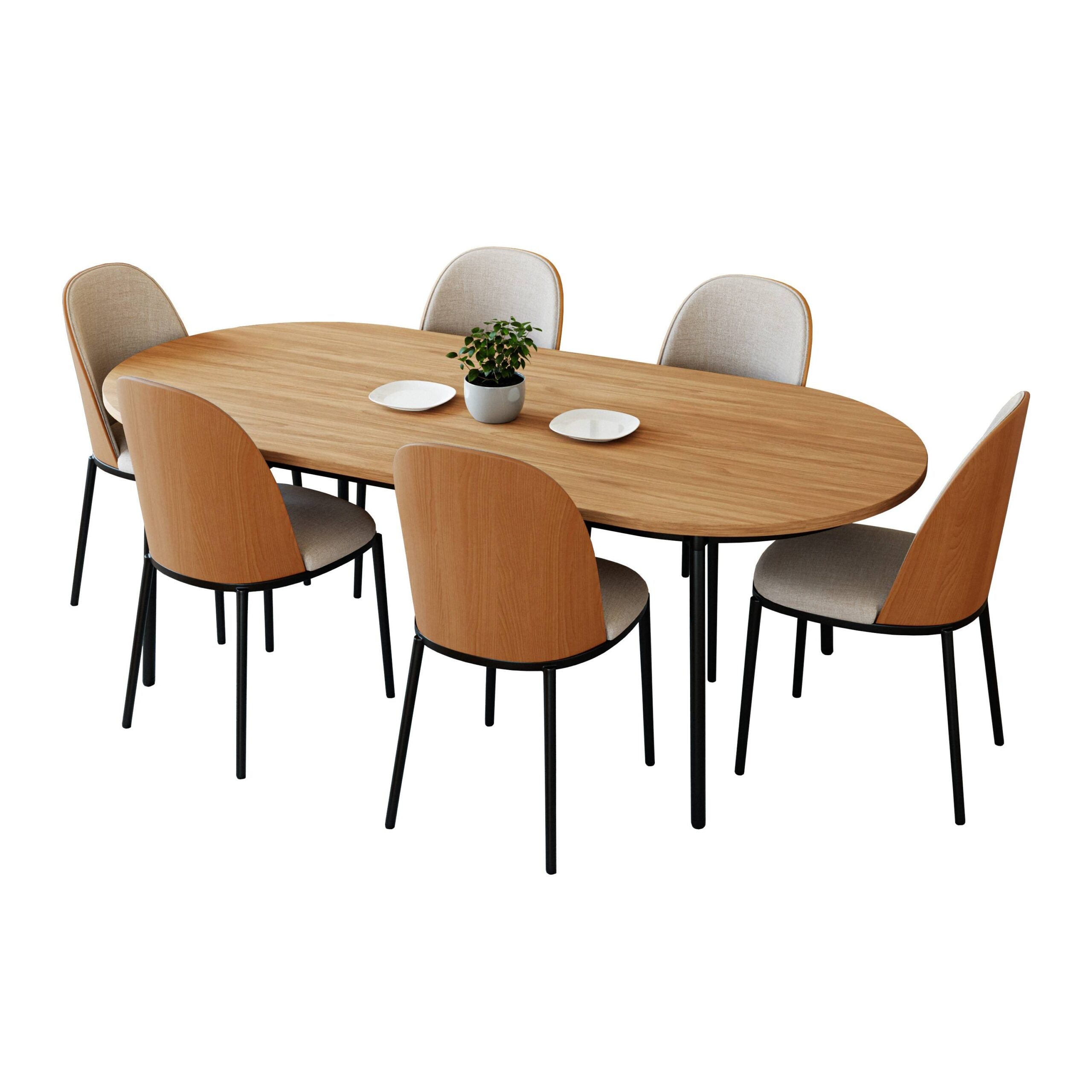 LeisureMod Tule 7-Piece Dining Set in Steel Frame with 6 Dining Chairs and 71" Oval Dining Table with MDF Top