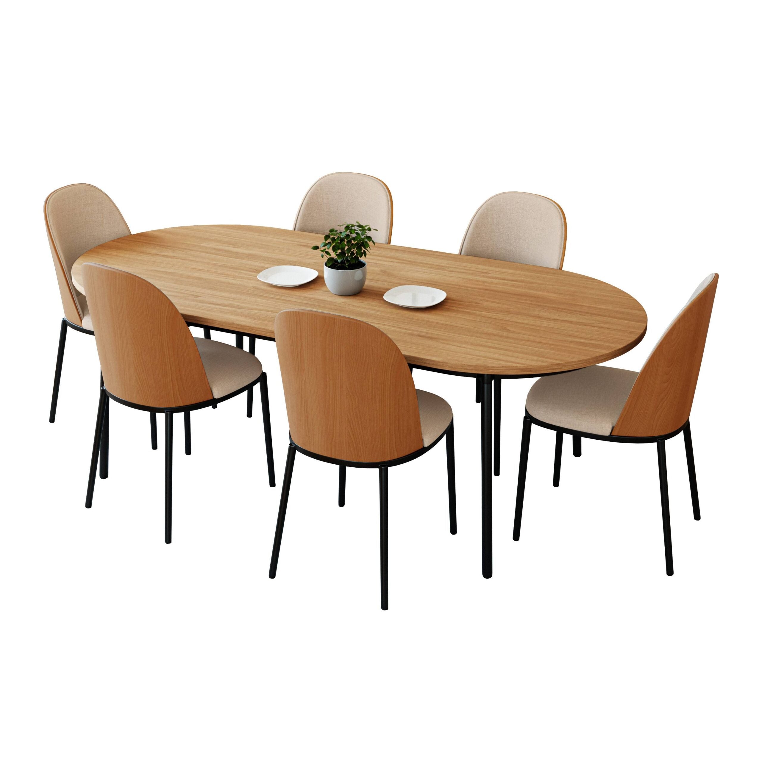 LeisureMod Tule 7-Piece Dining Set in Steel Frame with 6 Dining Chairs and 71" Oval Dining Table with MDF Top