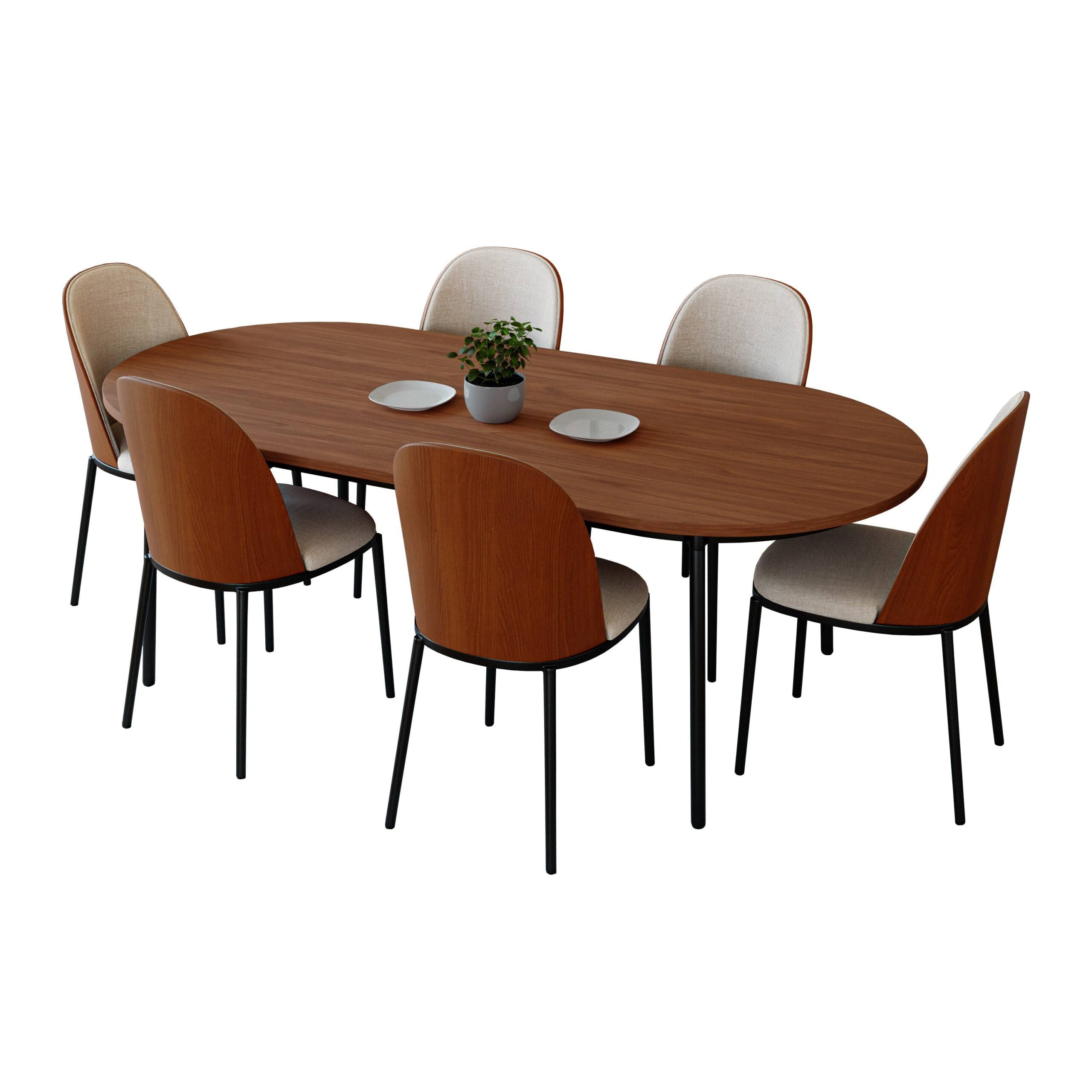 LeisureMod Tule 7-Piece Dining Set in Steel Frame with 6 Dining Chairs and 71" Oval Dining Table with MDF Top