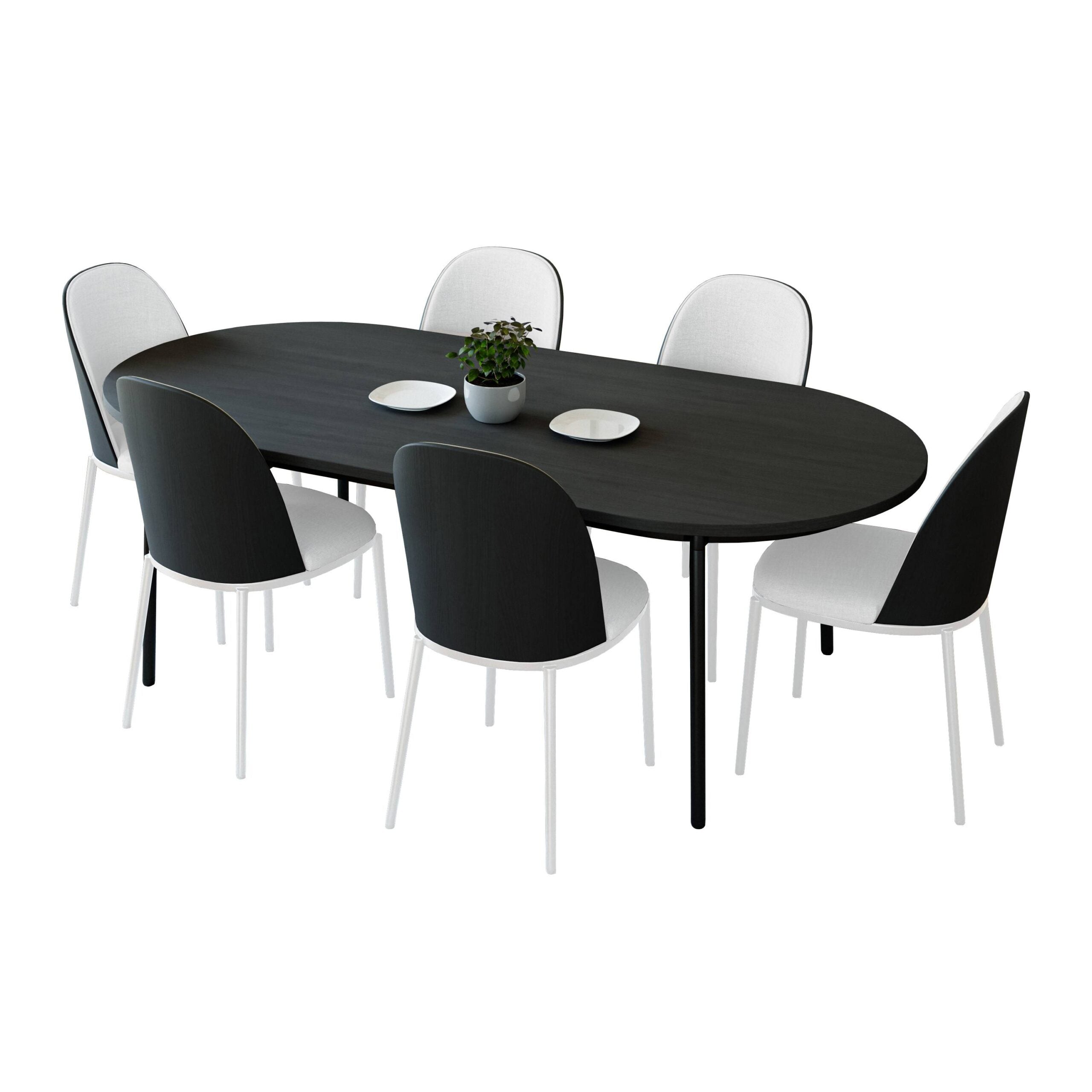 LeisureMod Tule 7-Piece Dining Set in White Steel Frame with 6 Dining Chairs and 71" Oval Dining Table with MDF Top