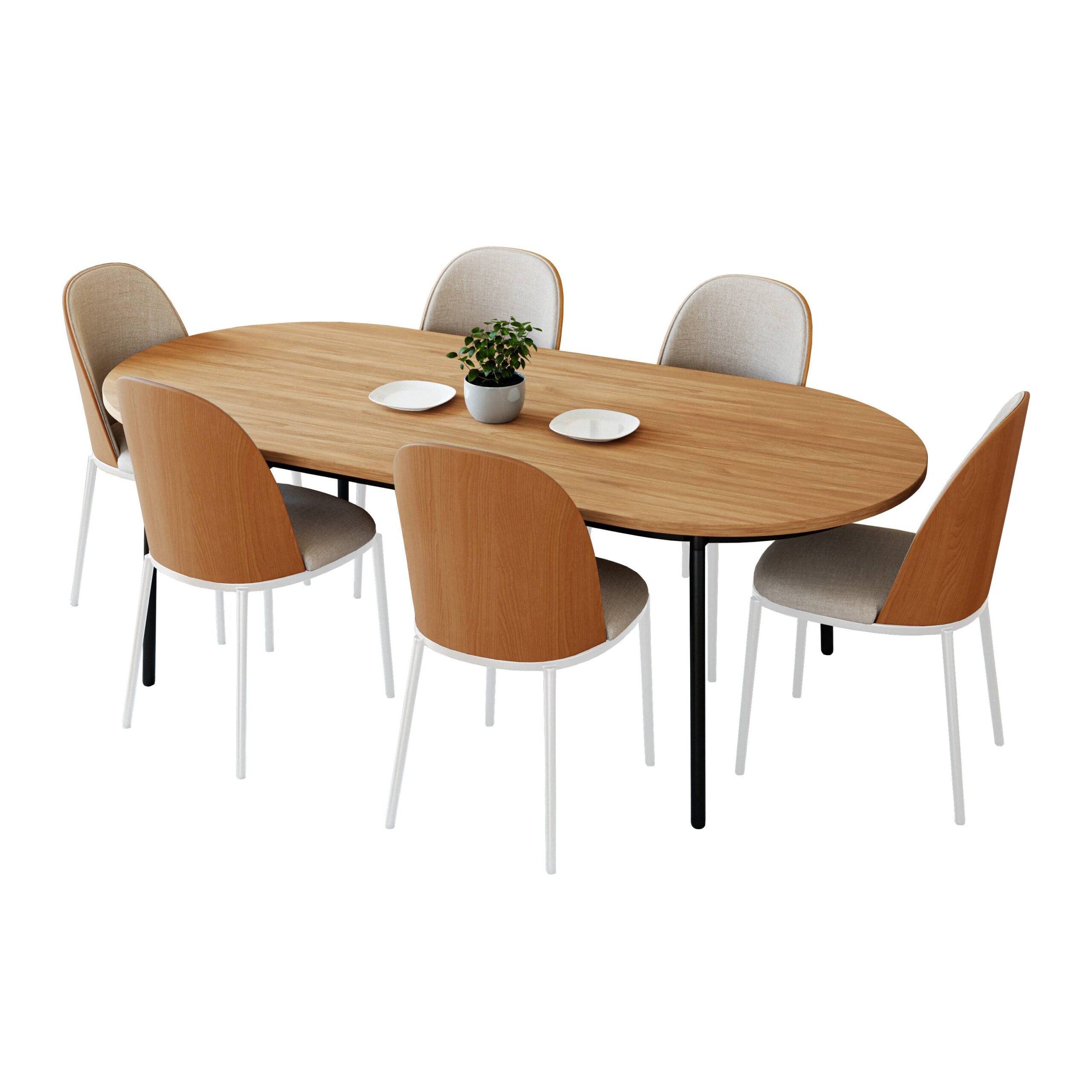 LeisureMod Tule 7-Piece Dining Set in White Steel Frame with 6 Dining Chairs and 71" Oval Dining Table with MDF Top