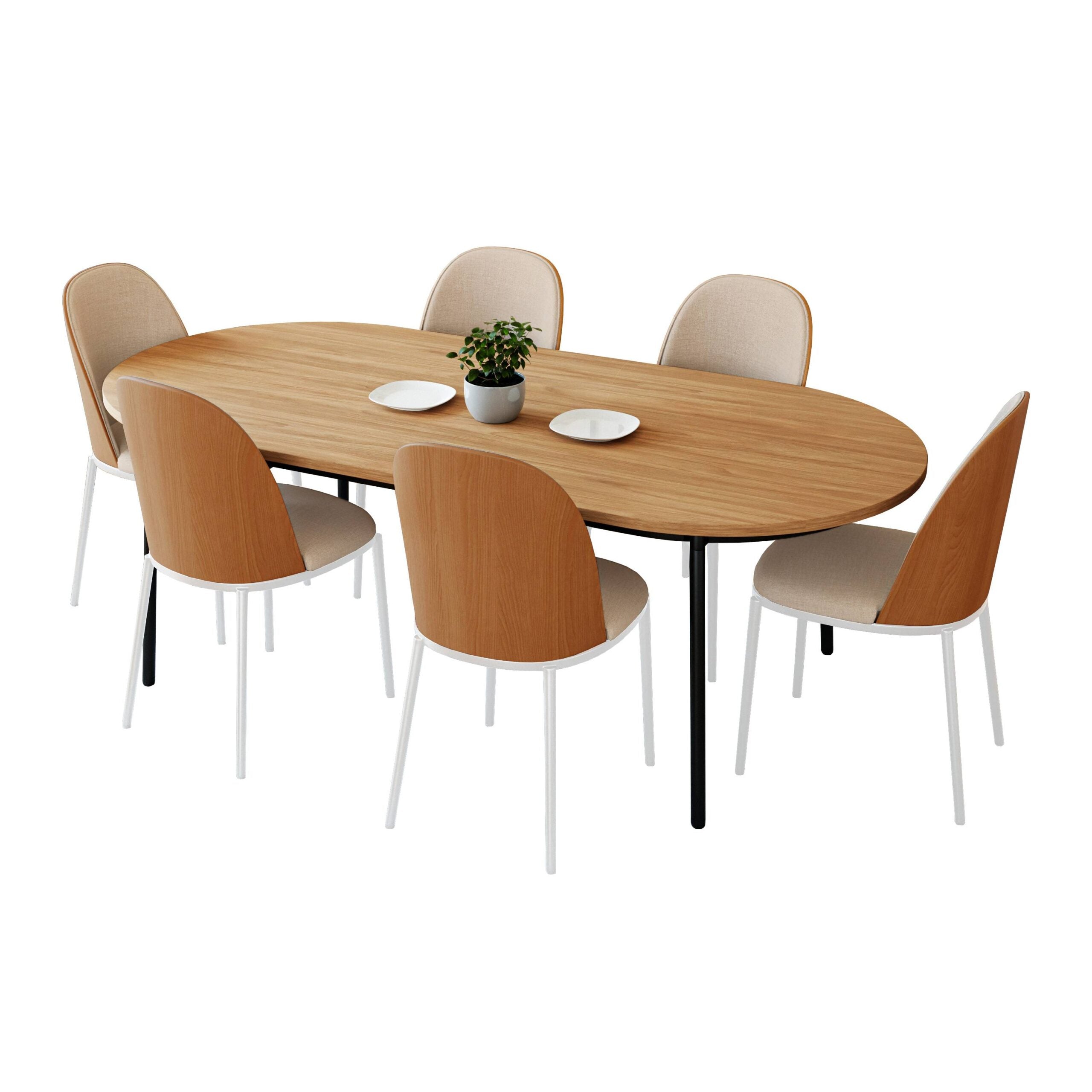 LeisureMod Tule 7-Piece Dining Set in White Steel Frame with 6 Dining Chairs and 71" Oval Dining Table with MDF Top