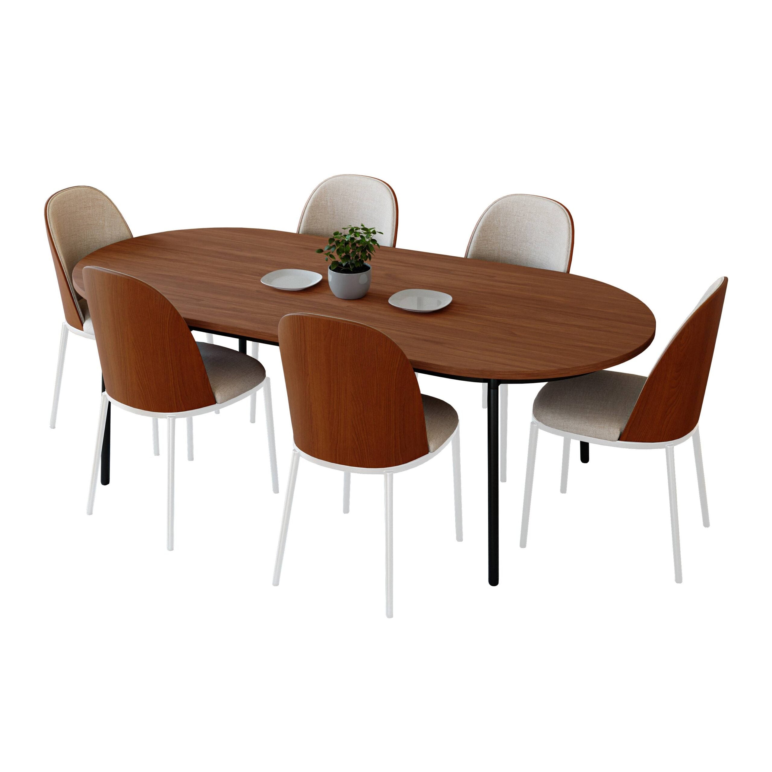 LeisureMod Tule 7-Piece Dining Set in White Steel Frame with 6 Dining Chairs and 71" Oval Dining Table with MDF Top