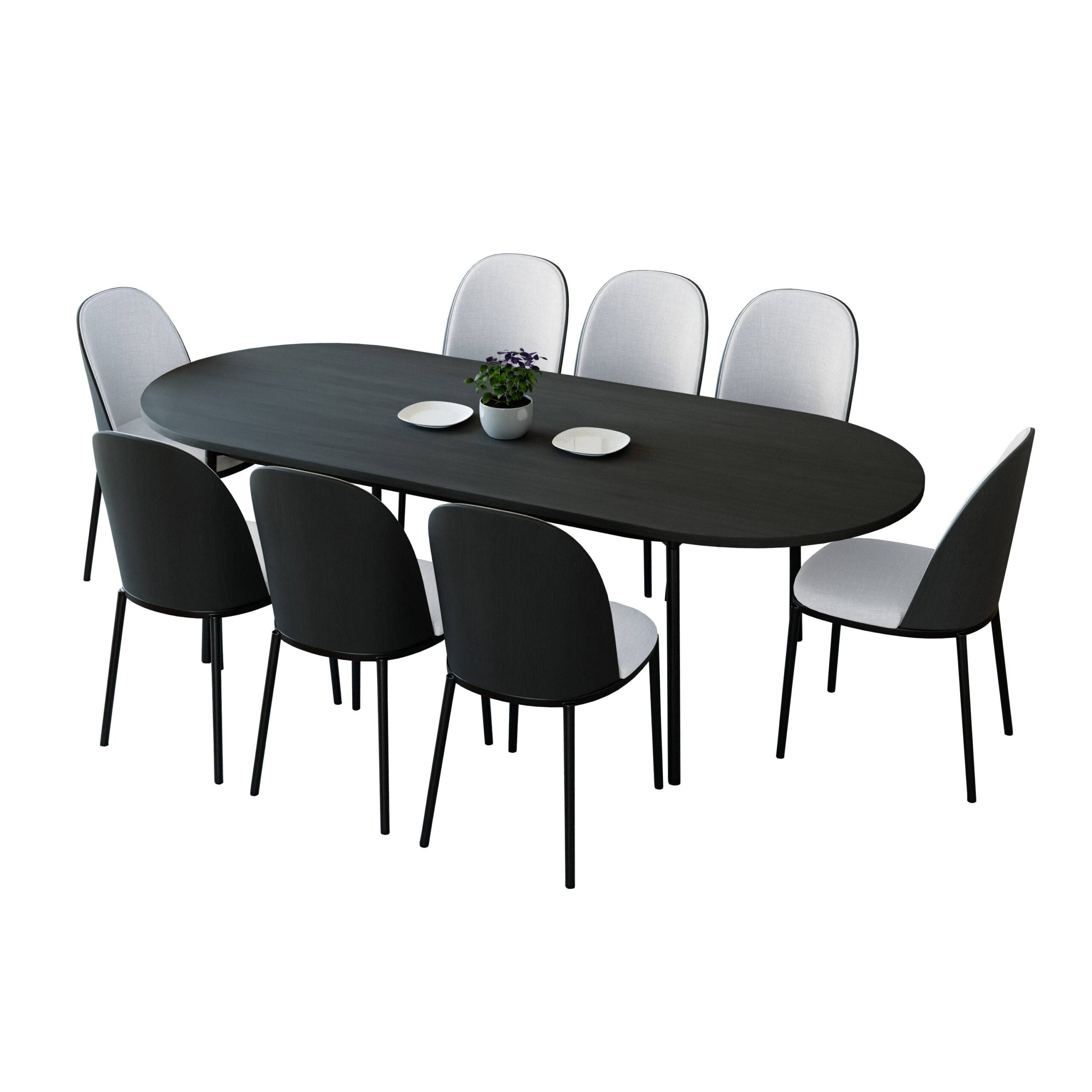 LeisureMod Tule 9-Piece Dining Set in Steel Frame with 8 Dining Chairs and 83" Oval Dining Table with MDF Top