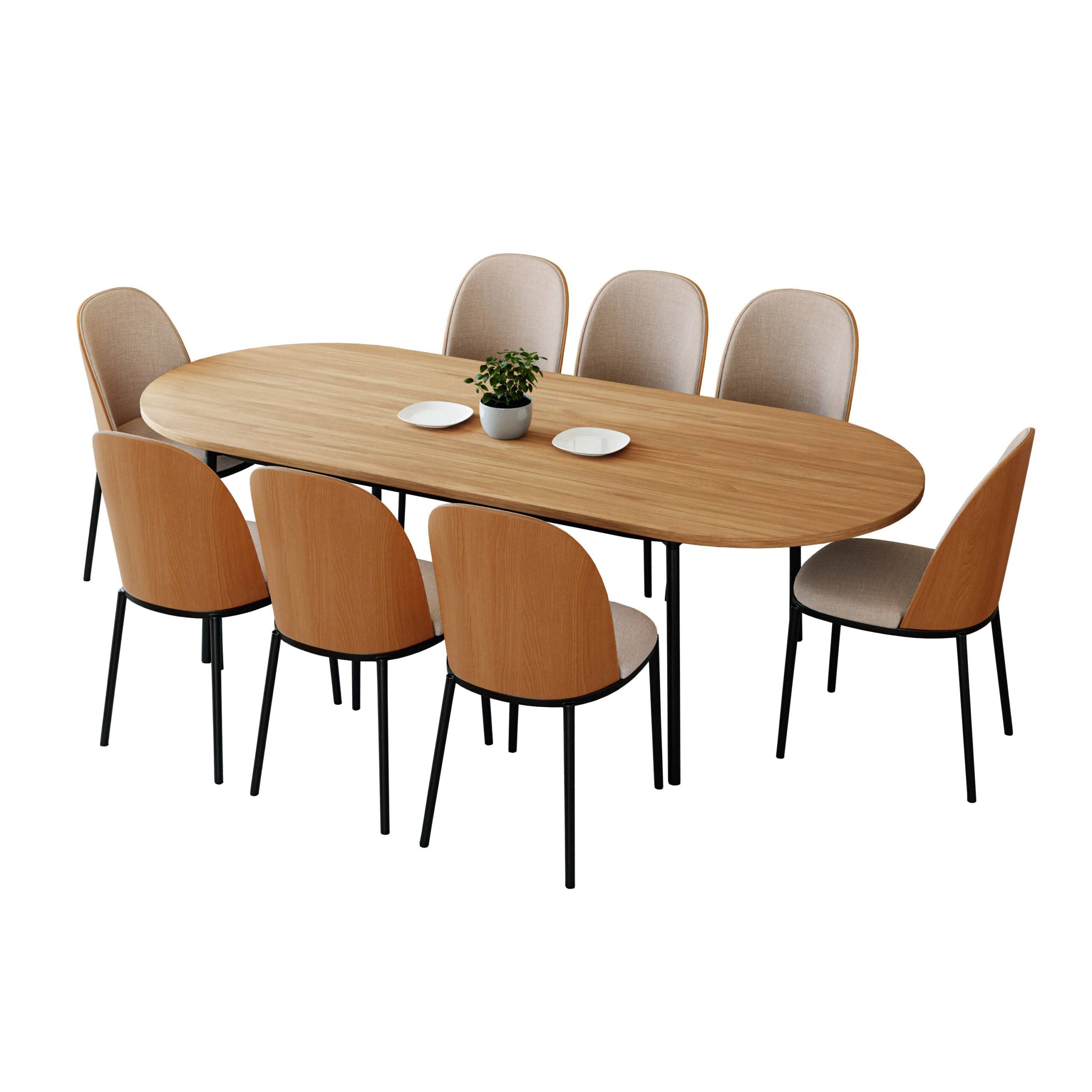 LeisureMod Tule 9-Piece Dining Set in Steel Frame with 8 Dining Chairs and 83" Oval Dining Table with MDF Top