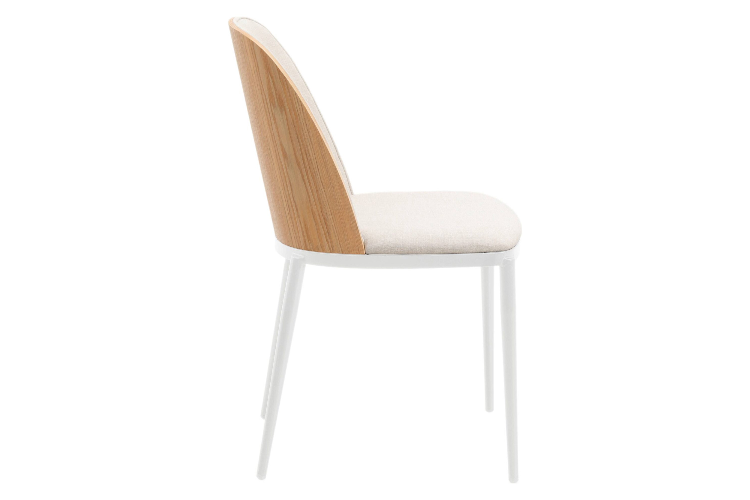 LeisureMod Tule Mid-Century Modern Dining Side Chair with White Powder-Coated Steel Frame - Natural Wood/Beige