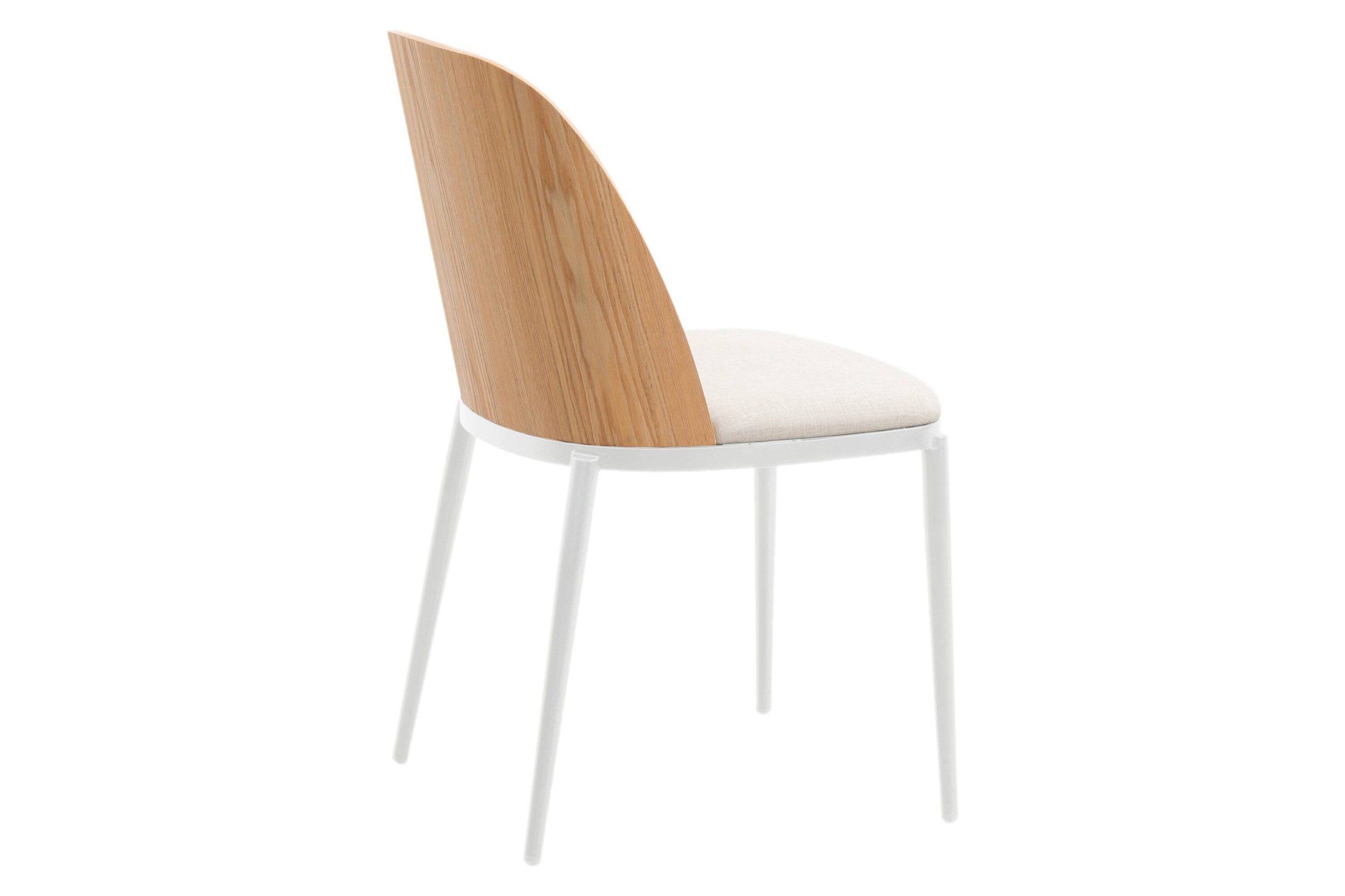 LeisureMod Tule Mid-Century Modern Dining Side Chair with White Powder-Coated Steel Frame - Natural Wood/Beige