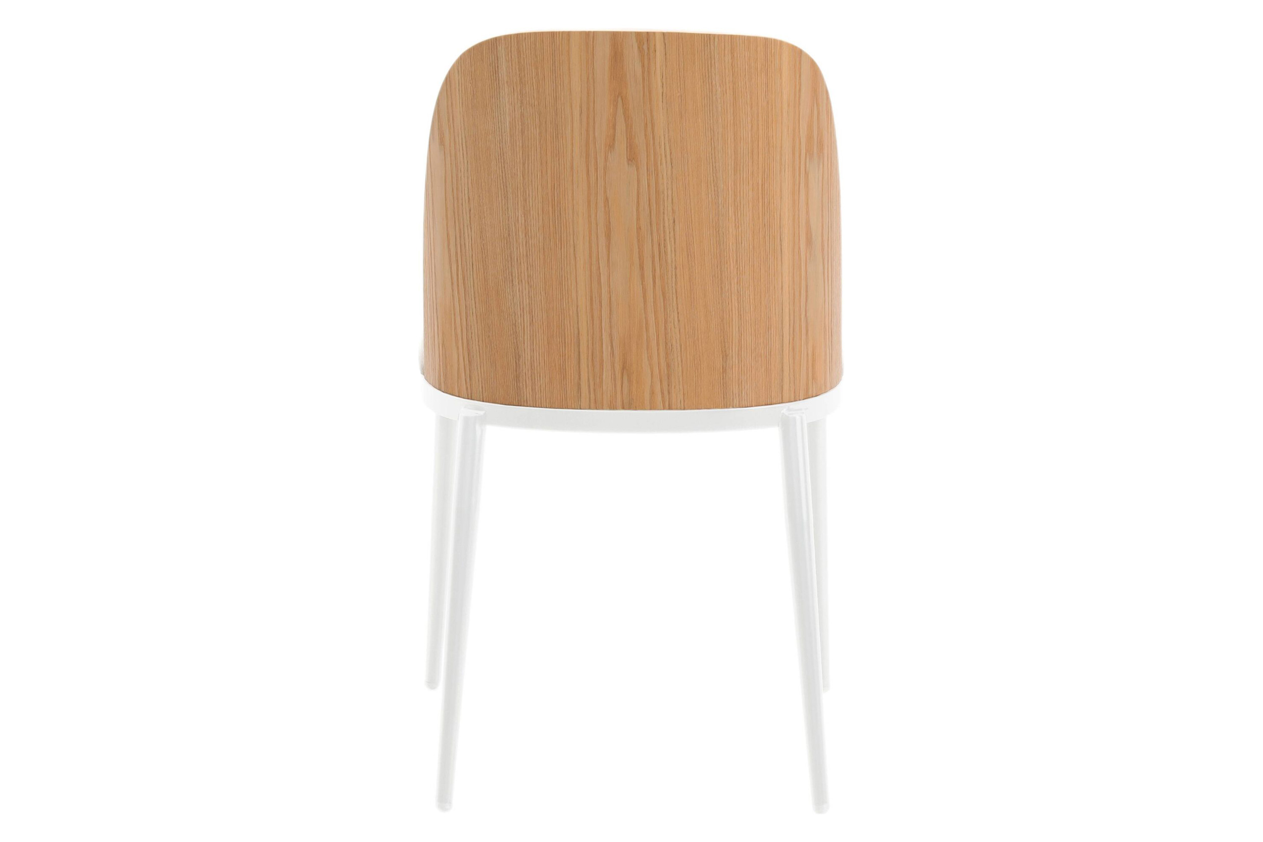 LeisureMod Tule Mid-Century Modern Dining Side Chair with White Powder-Coated Steel Frame - Natural Wood/Beige