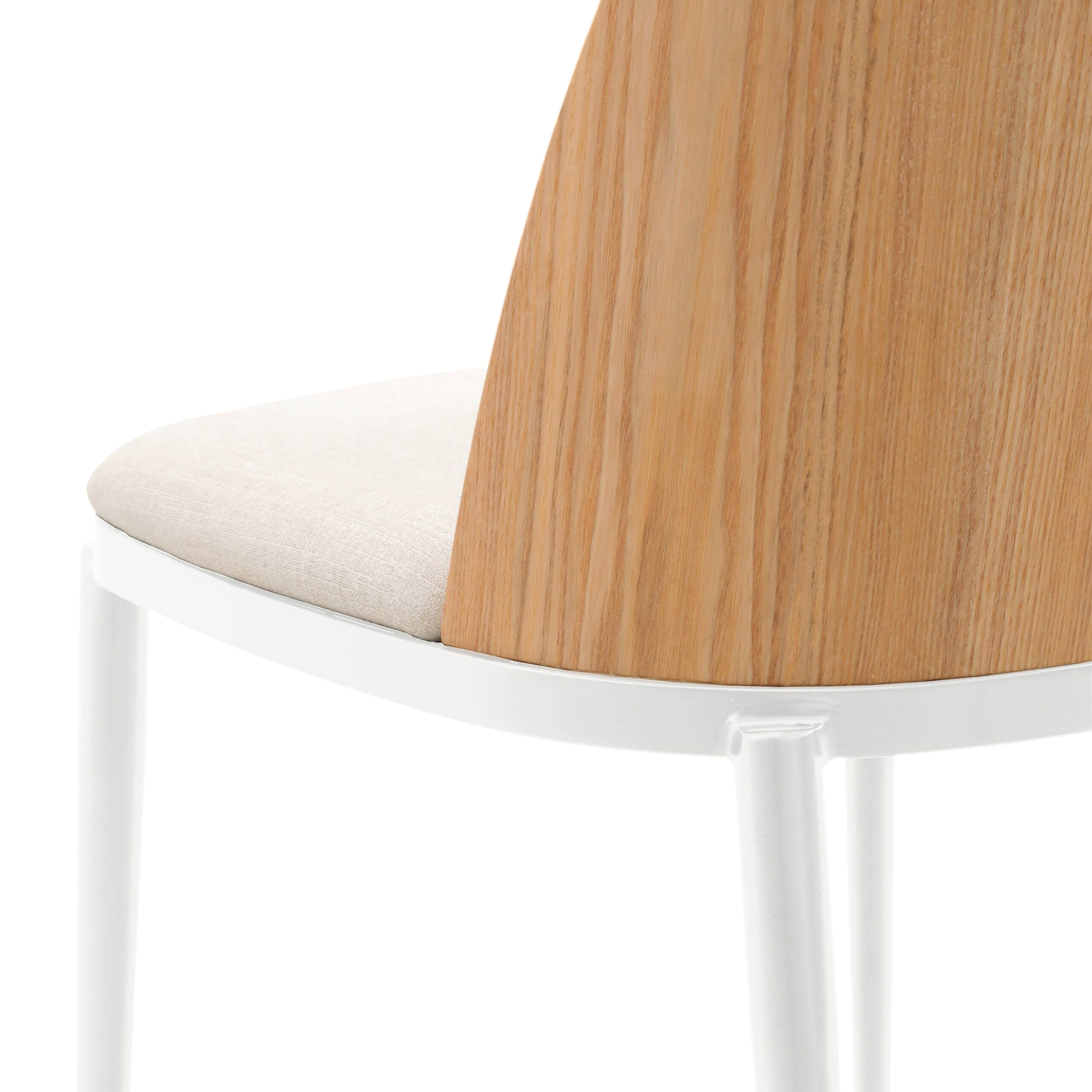 LeisureMod Tule Mid-Century Modern Dining Side Chair with White Powder-Coated Steel Frame - Natural Wood/Beige