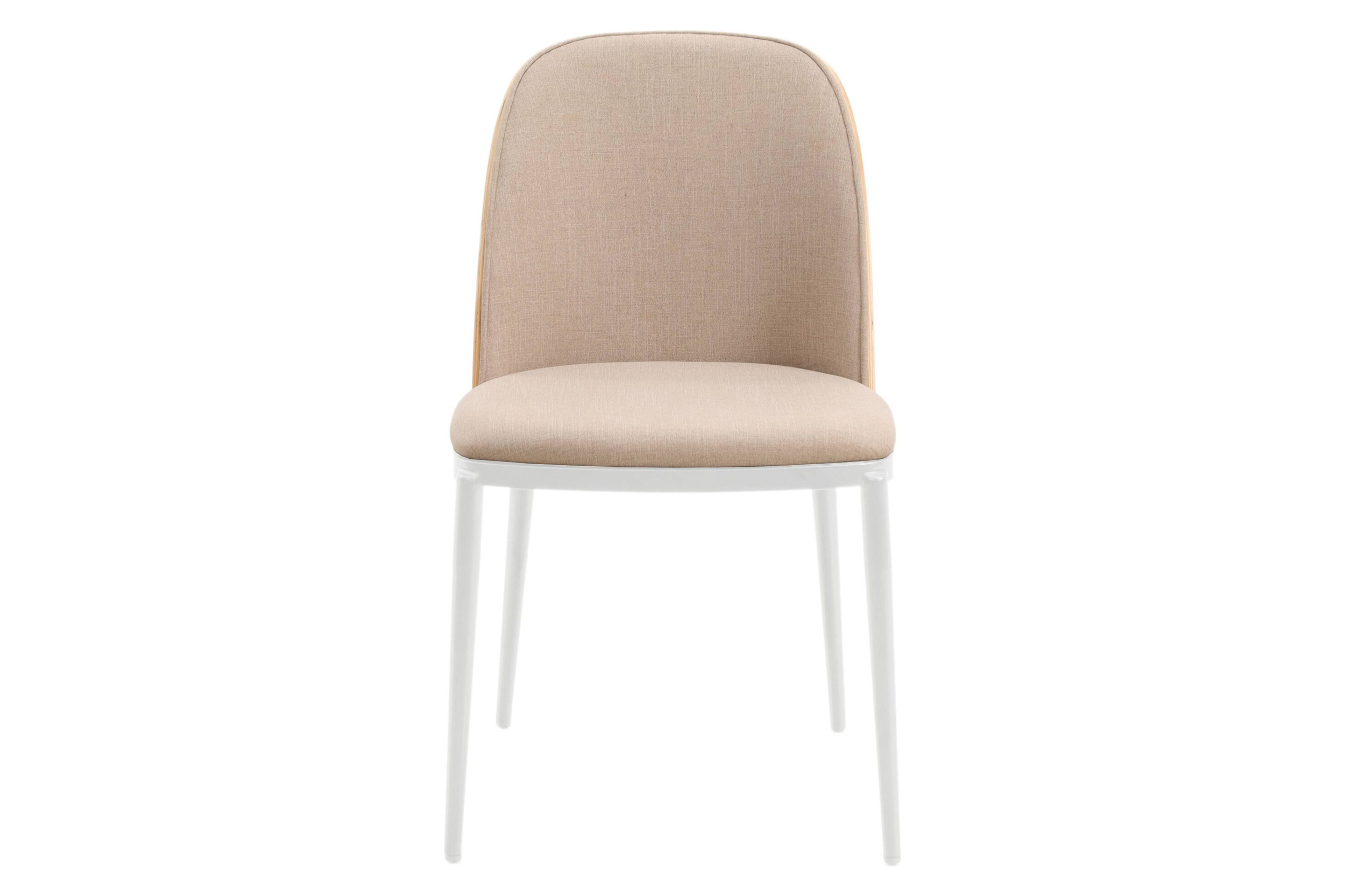 LeisureMod Tule Mid-Century Modern Dining Side Chair with White Powder-Coated Steel Frame - Natural Wood/Brown