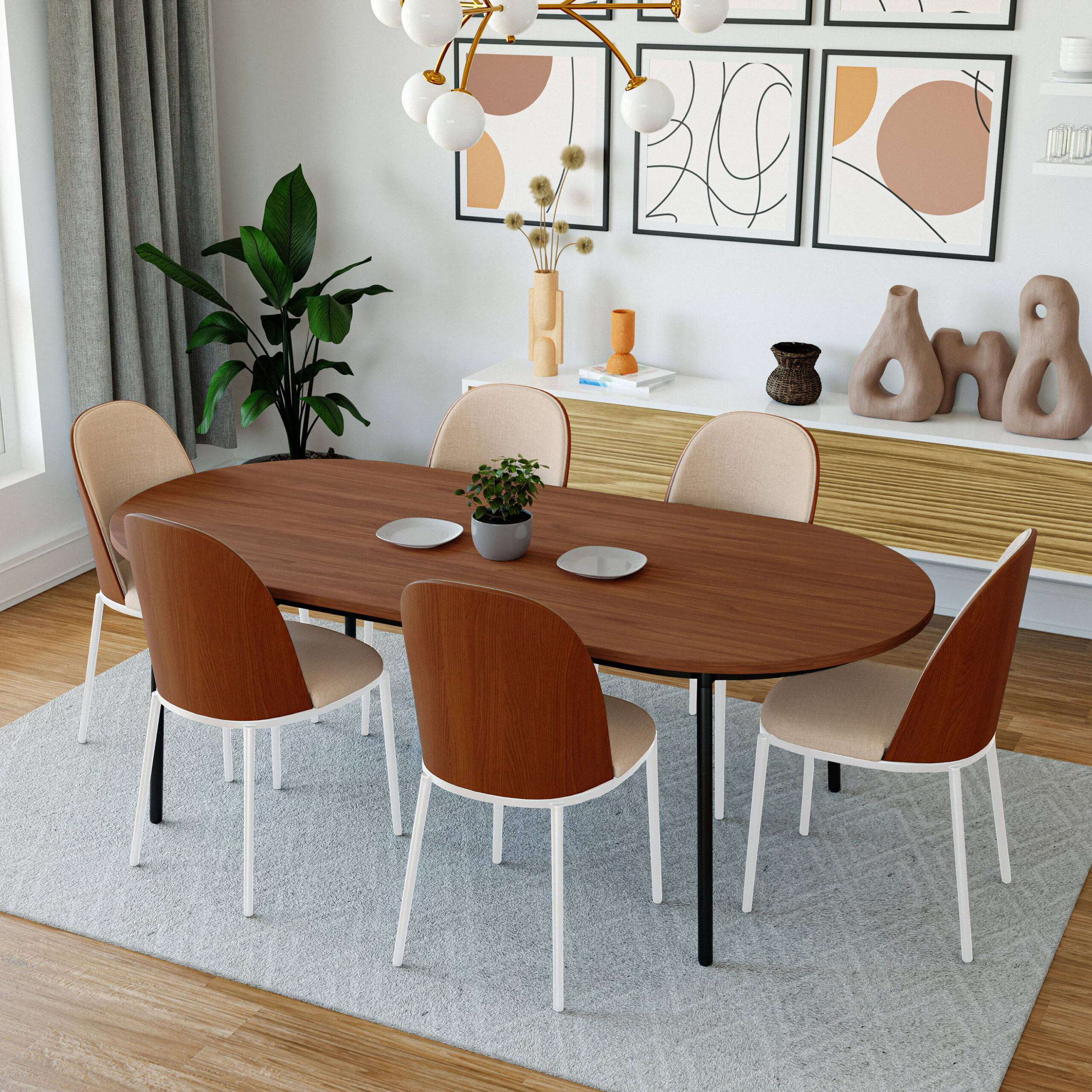 LeisureMod Tule Mid-Century Modern Dining Side Chair with White Powder-Coated Steel Frame - Walnut/Light Brown