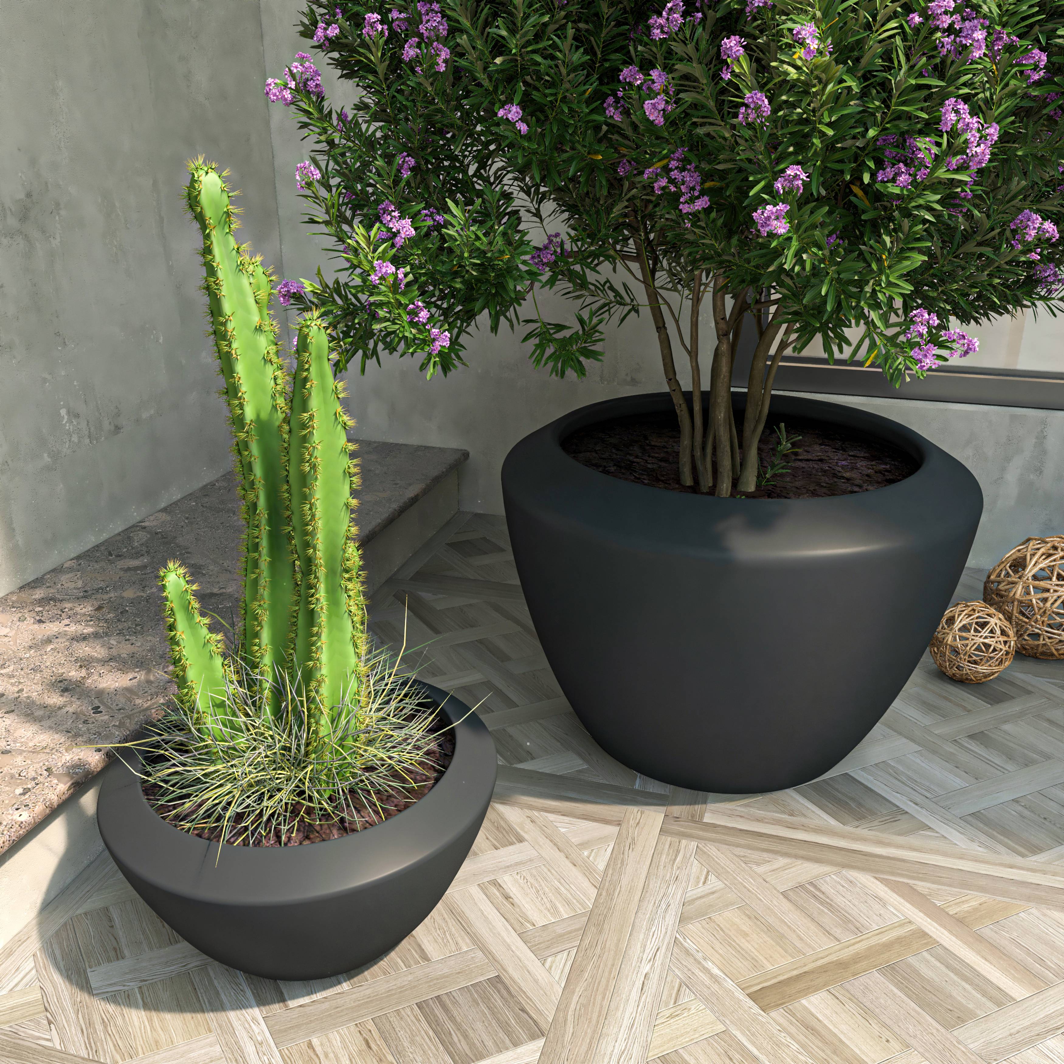 LeisureMod Vessel Modern Round Planters Pot in Fiberstone and Clay (Set of 2) - Black