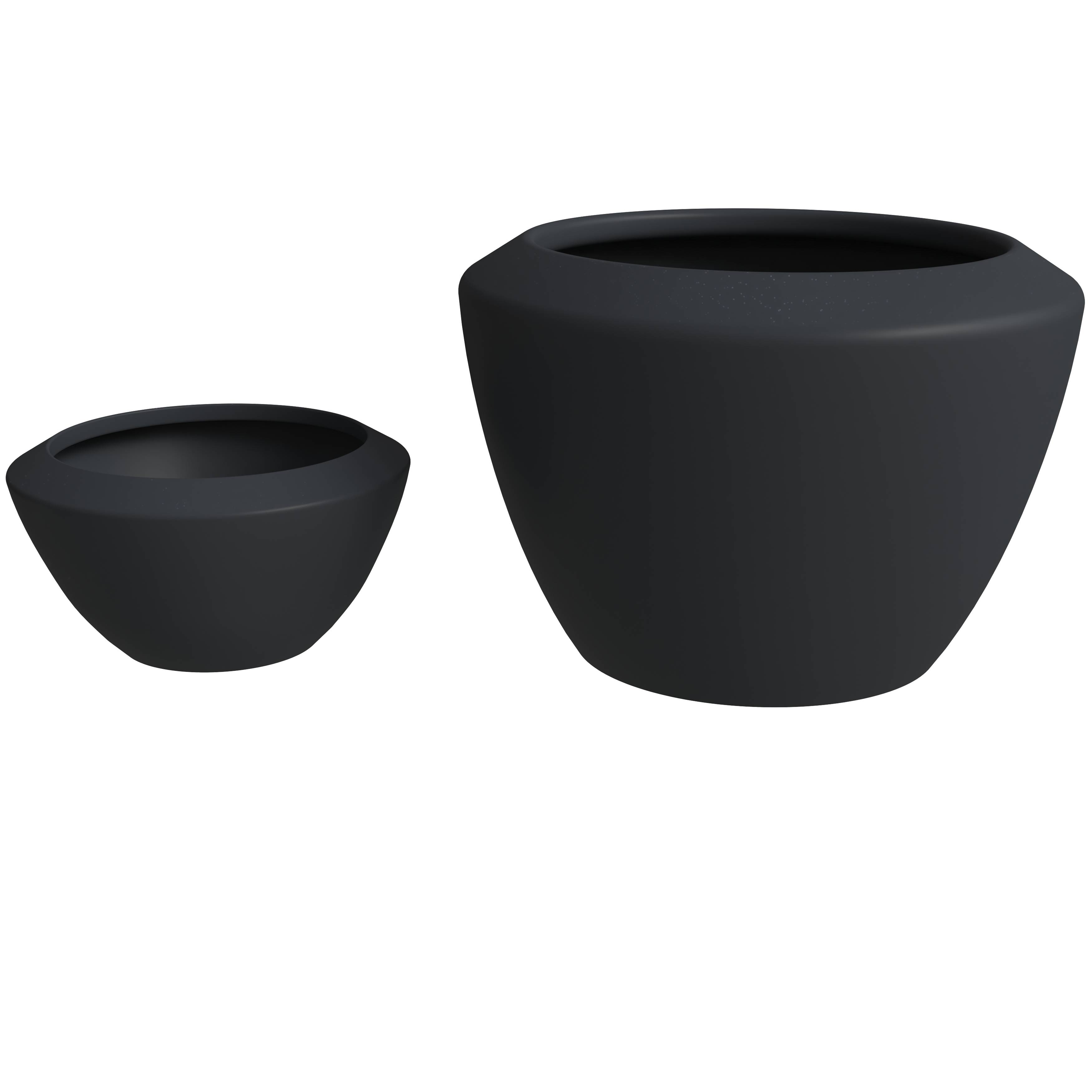 LeisureMod Vessel Modern Round Planters Pot in Fiberstone and Clay (Set of 2) - Black