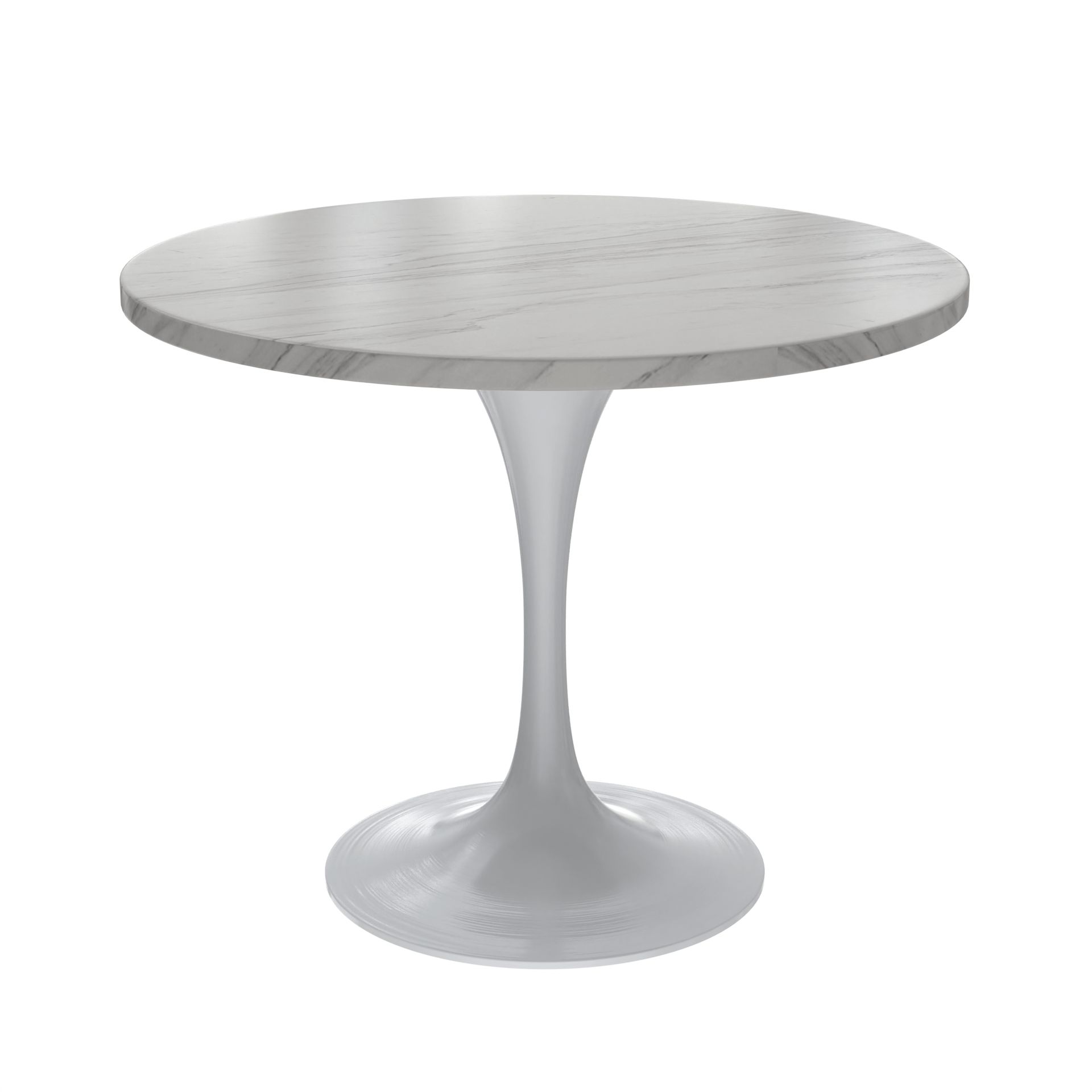 LeisureMod Verve Modern 36" Round Dining Table with Stone Top and White Steel Pedestal Base