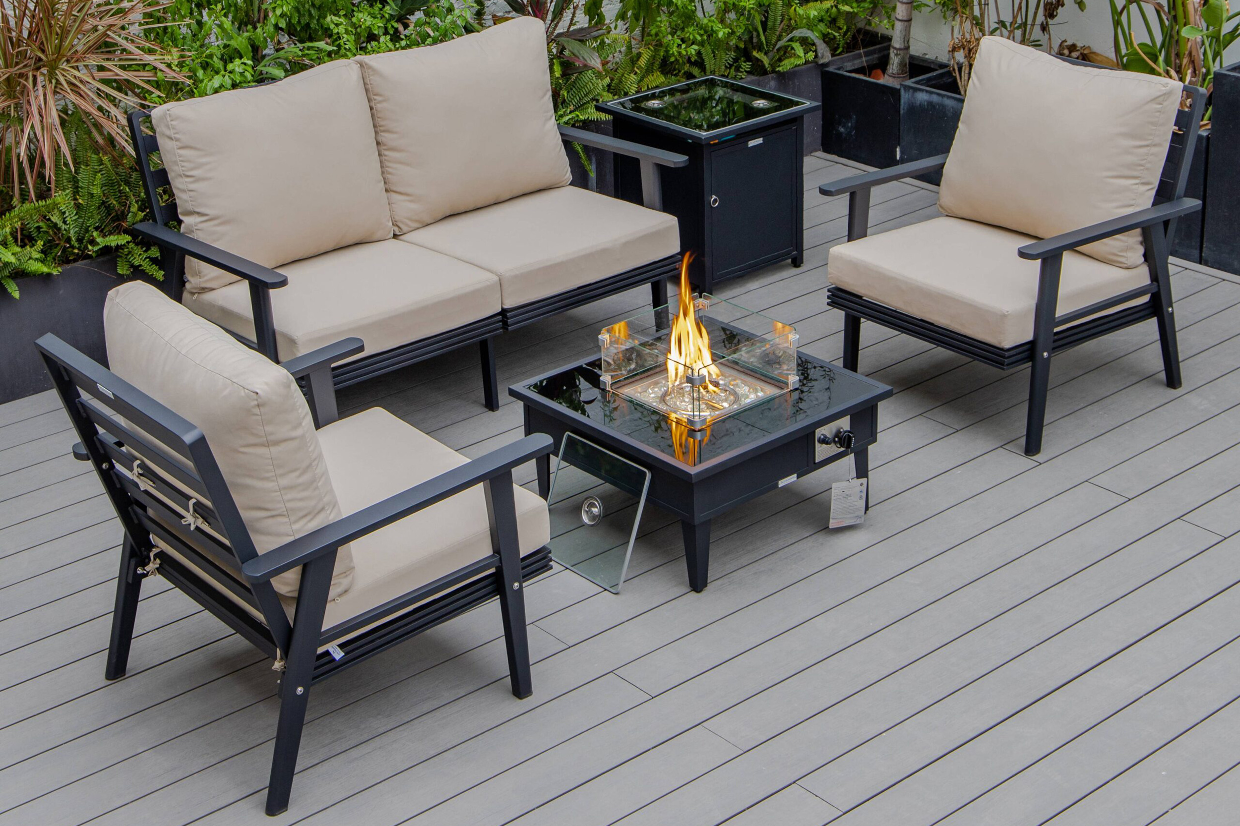 LeisureMod Walbrooke Modern Black Patio Conversation With Square Fire Pit & Tank Holder