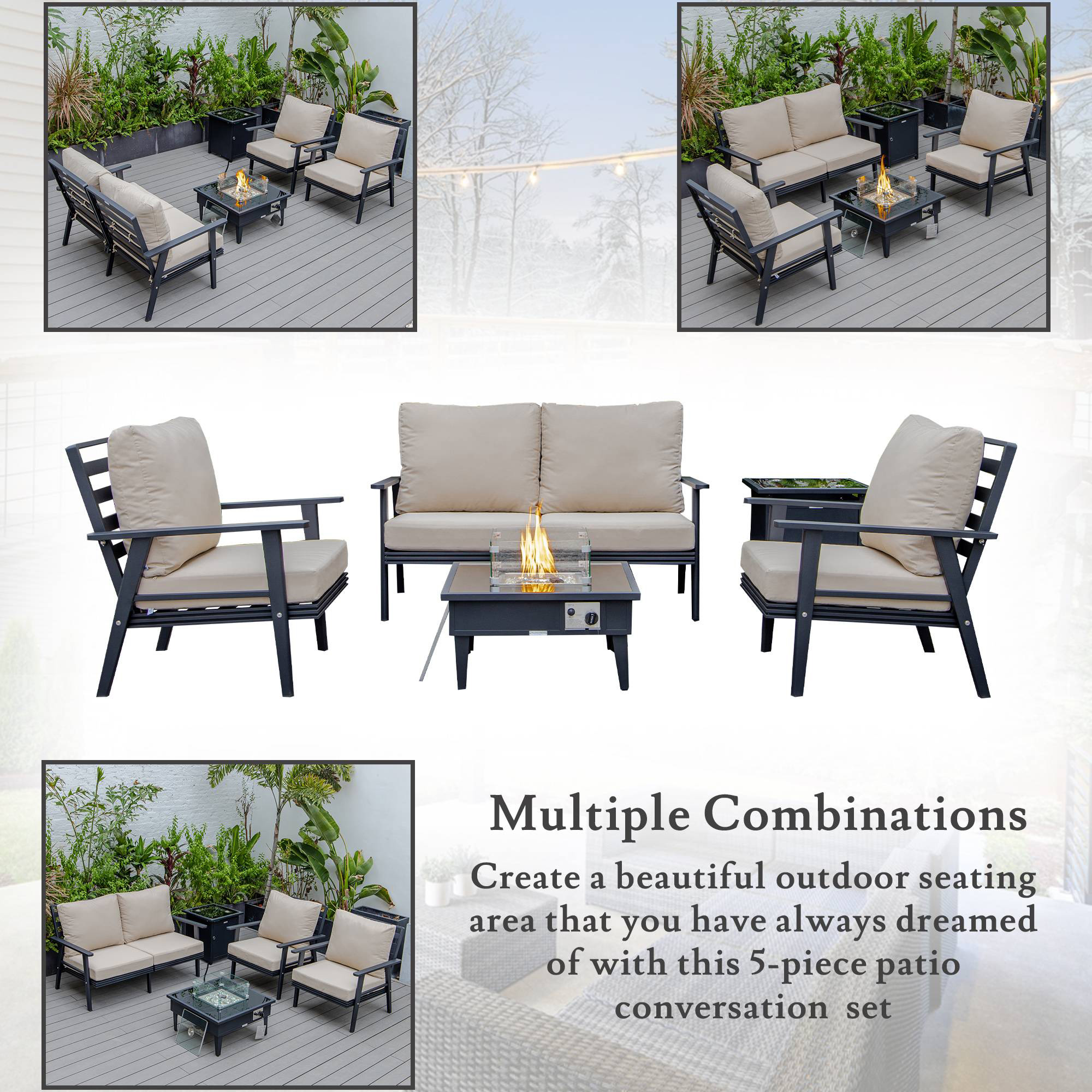 LeisureMod Walbrooke Modern Black Patio Conversation With Square Fire Pit & Tank Holder - Beige