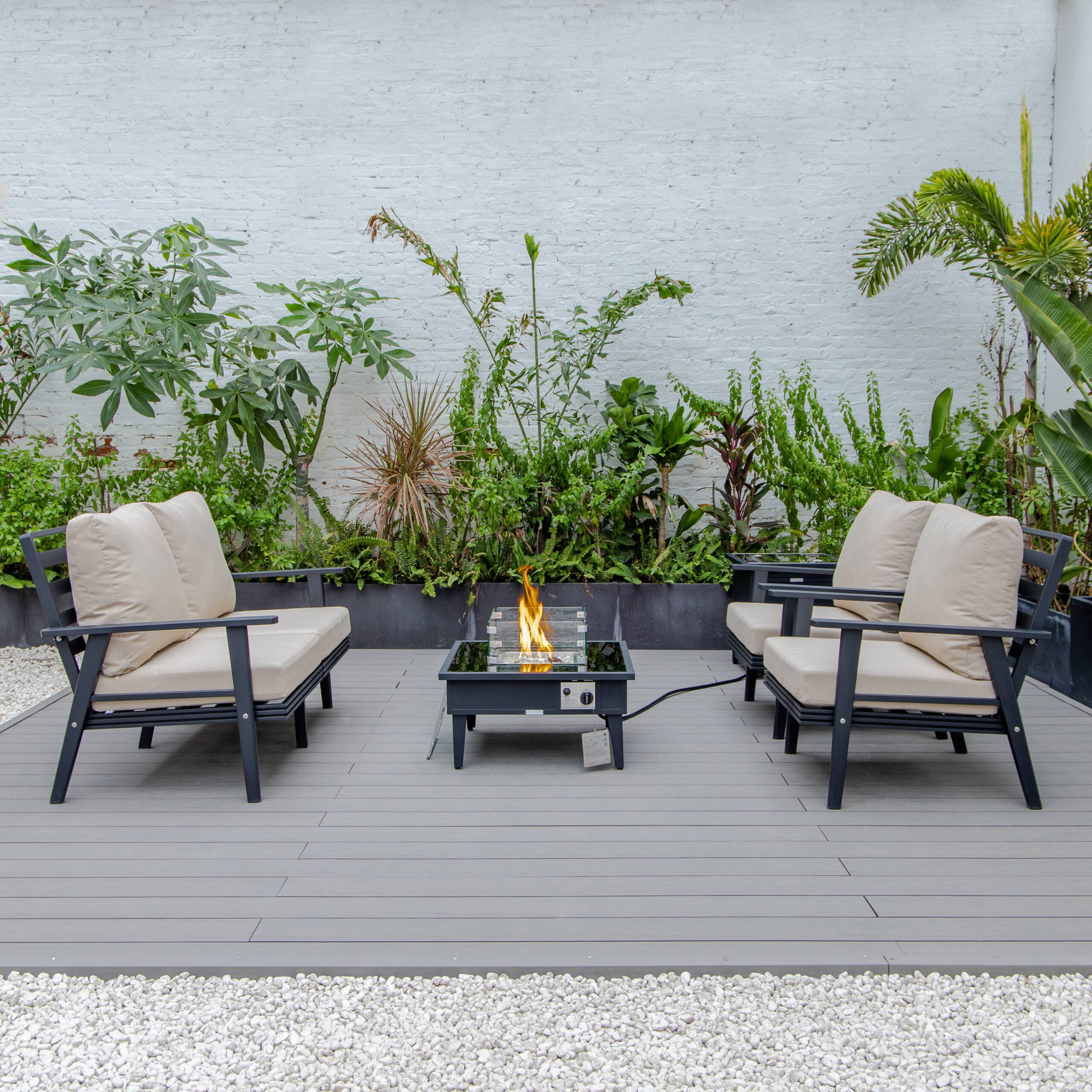 LeisureMod Walbrooke Modern Black Patio Conversation With Square Fire Pit & Tank Holder - Beige