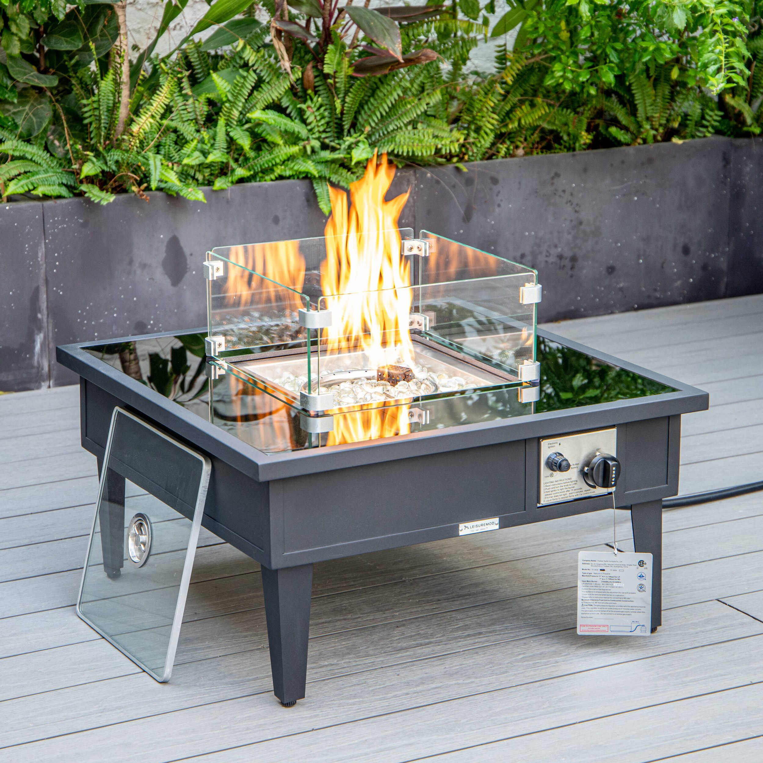 LeisureMod Walbrooke Modern Black Patio Conversation With Square Fire Pit & Tank Holder - Beige