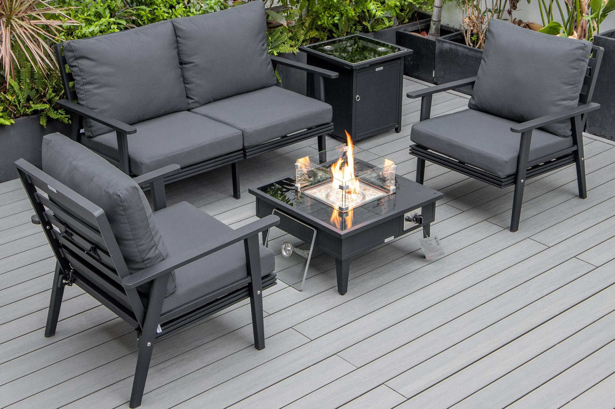 LeisureMod Walbrooke Modern Black Patio Conversation With Square Fire Pit & Tank Holder