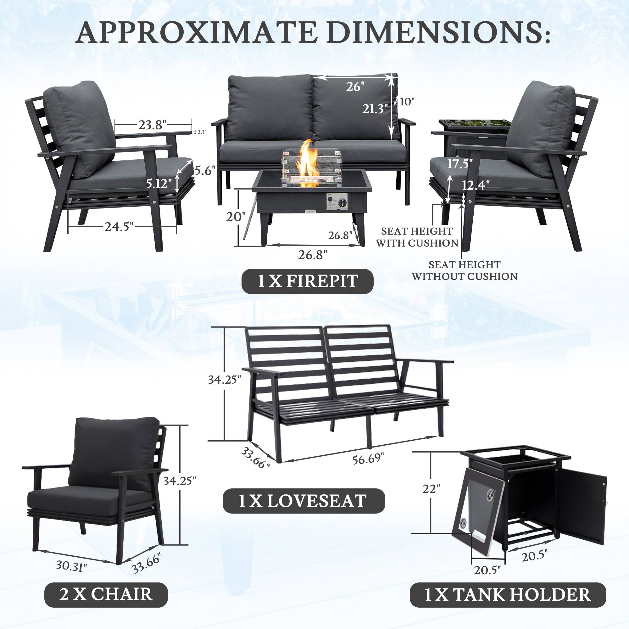 LeisureMod Walbrooke Modern Black Patio Conversation With Square Fire Pit & Tank Holder - Charcoal