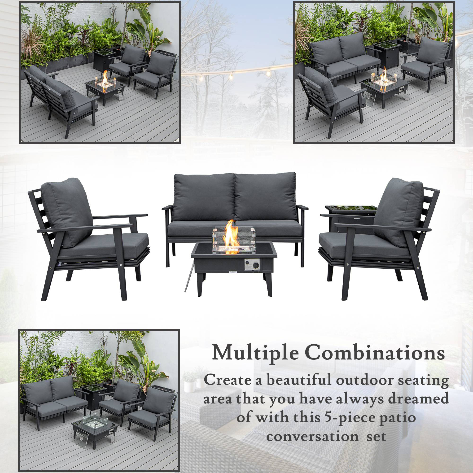 LeisureMod Walbrooke Modern Black Patio Conversation With Square Fire Pit & Tank Holder - Charcoal