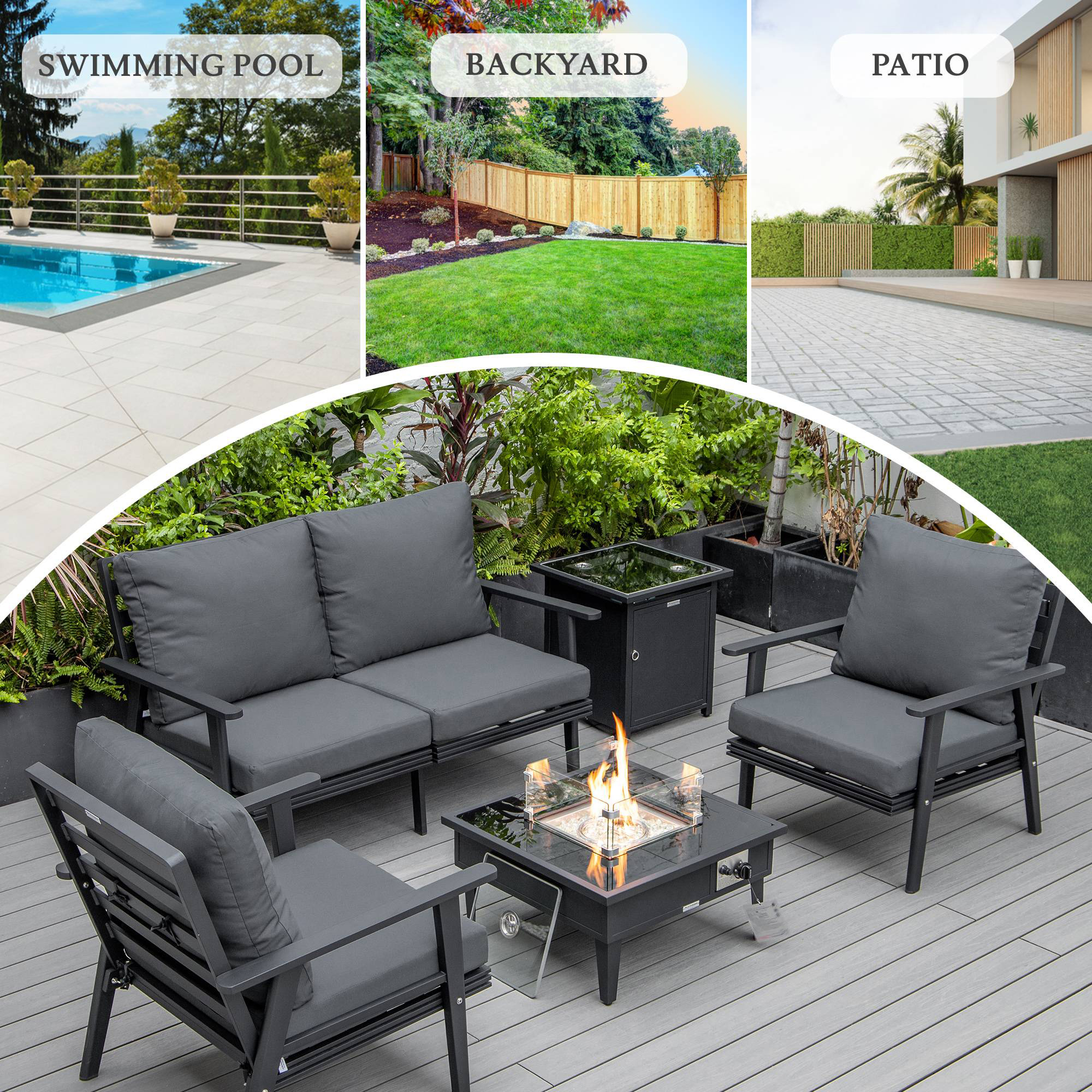 LeisureMod Walbrooke Modern Black Patio Conversation With Square Fire Pit & Tank Holder - Charcoal