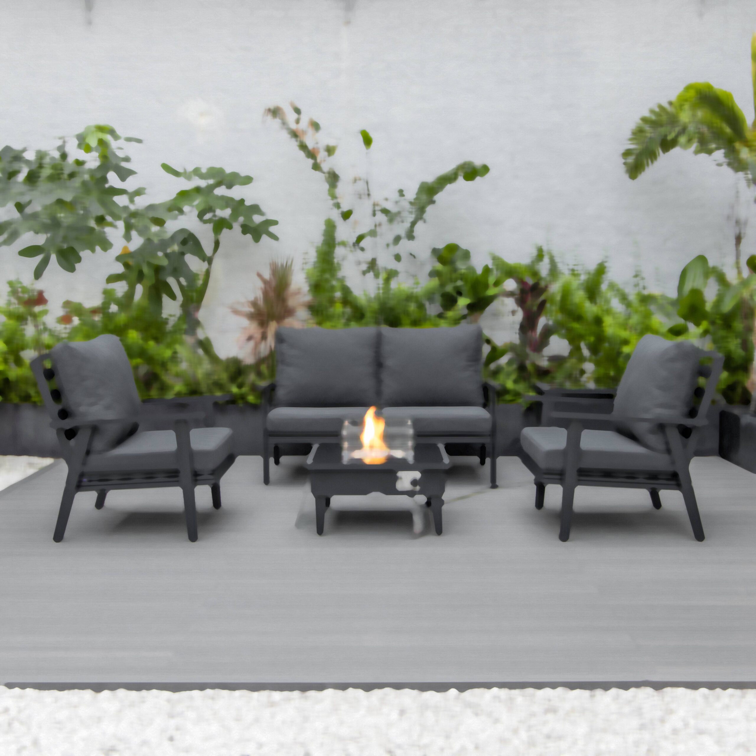 LeisureMod Walbrooke Modern Black Patio Conversation With Square Fire Pit & Tank Holder - Charcoal