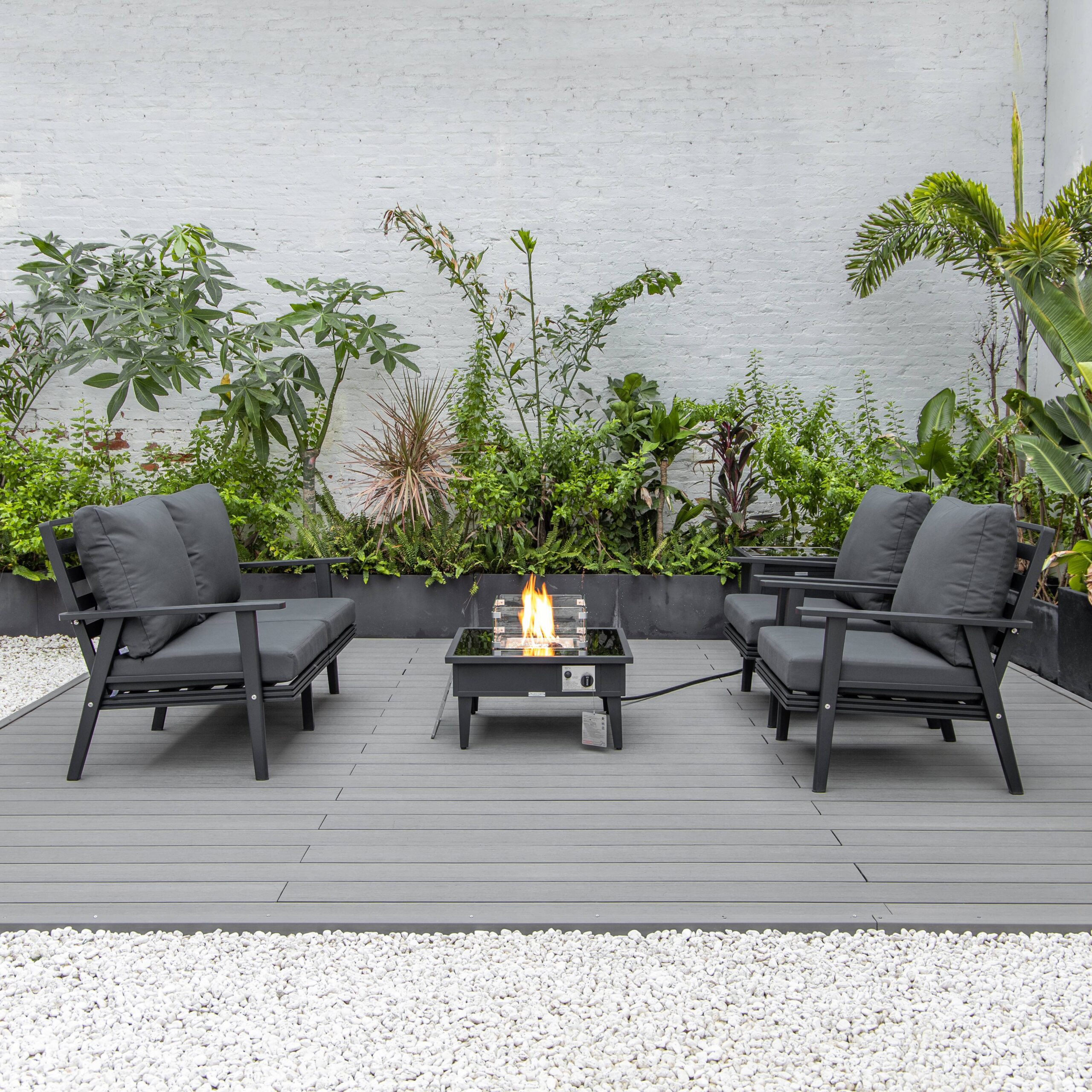 LeisureMod Walbrooke Modern Black Patio Conversation With Square Fire Pit & Tank Holder - Charcoal