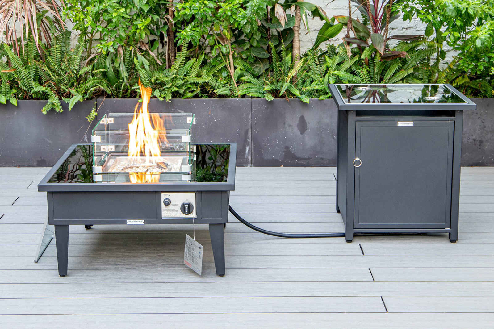 LeisureMod Walbrooke Modern Black Patio Conversation With Square Fire Pit & Tank Holder - Charcoal