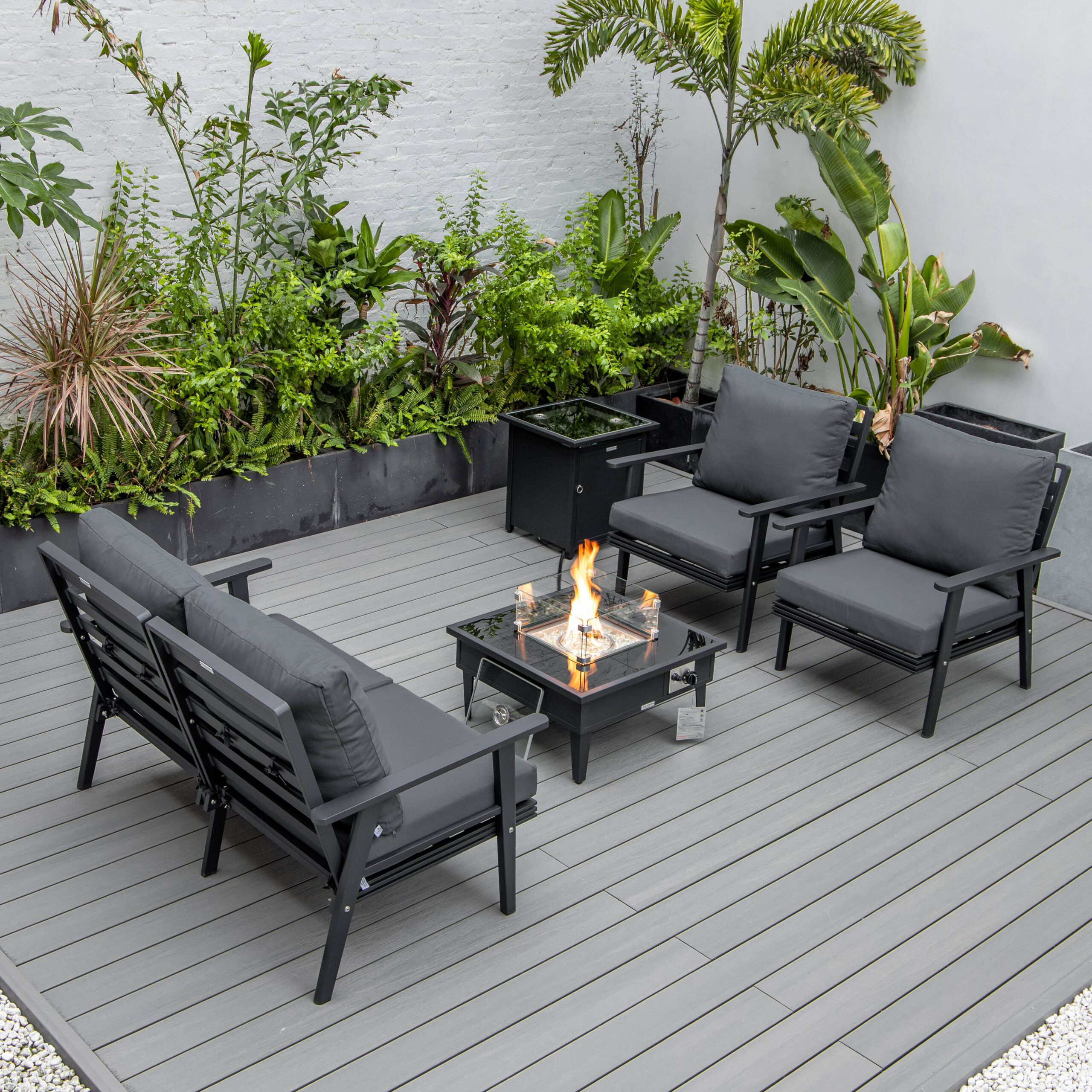 LeisureMod Walbrooke Modern Black Patio Conversation With Square Fire Pit & Tank Holder - Charcoal