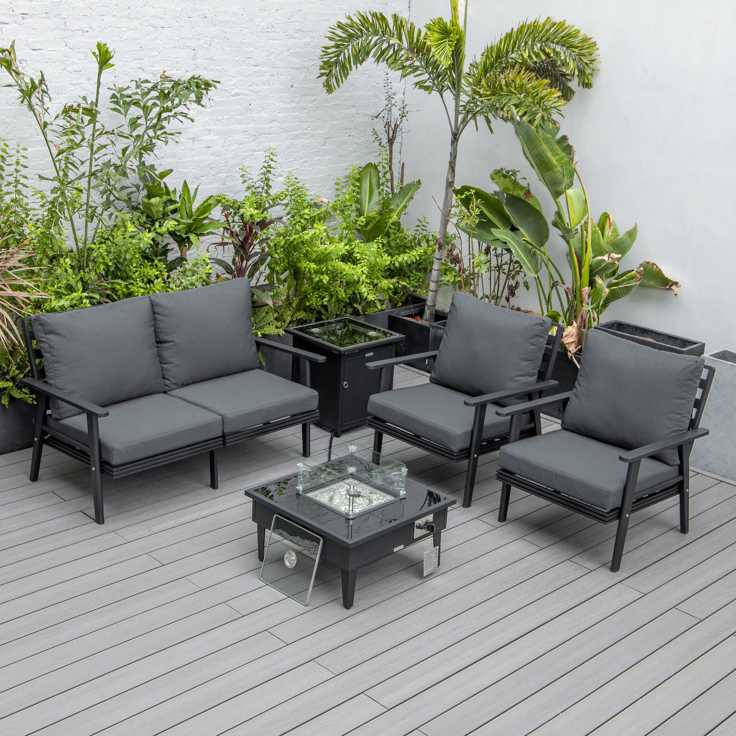 LeisureMod Walbrooke Modern Black Patio Conversation With Square Fire Pit & Tank Holder - Charcoal