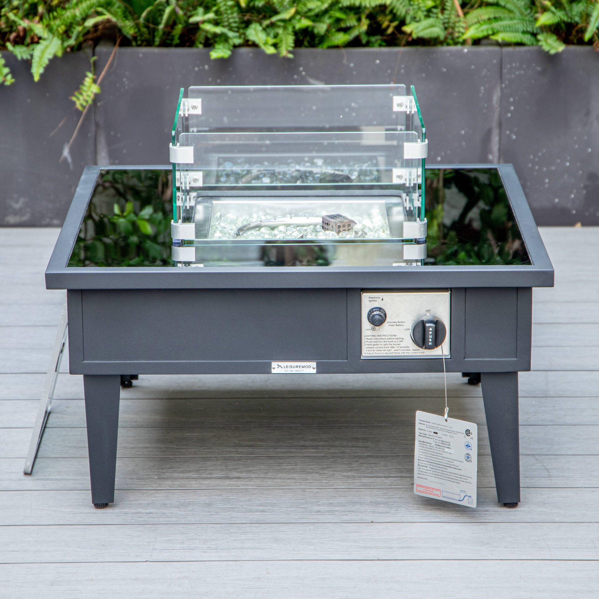 LeisureMod Walbrooke Modern Black Patio Conversation With Square Fire Pit & Tank Holder - Charcoal