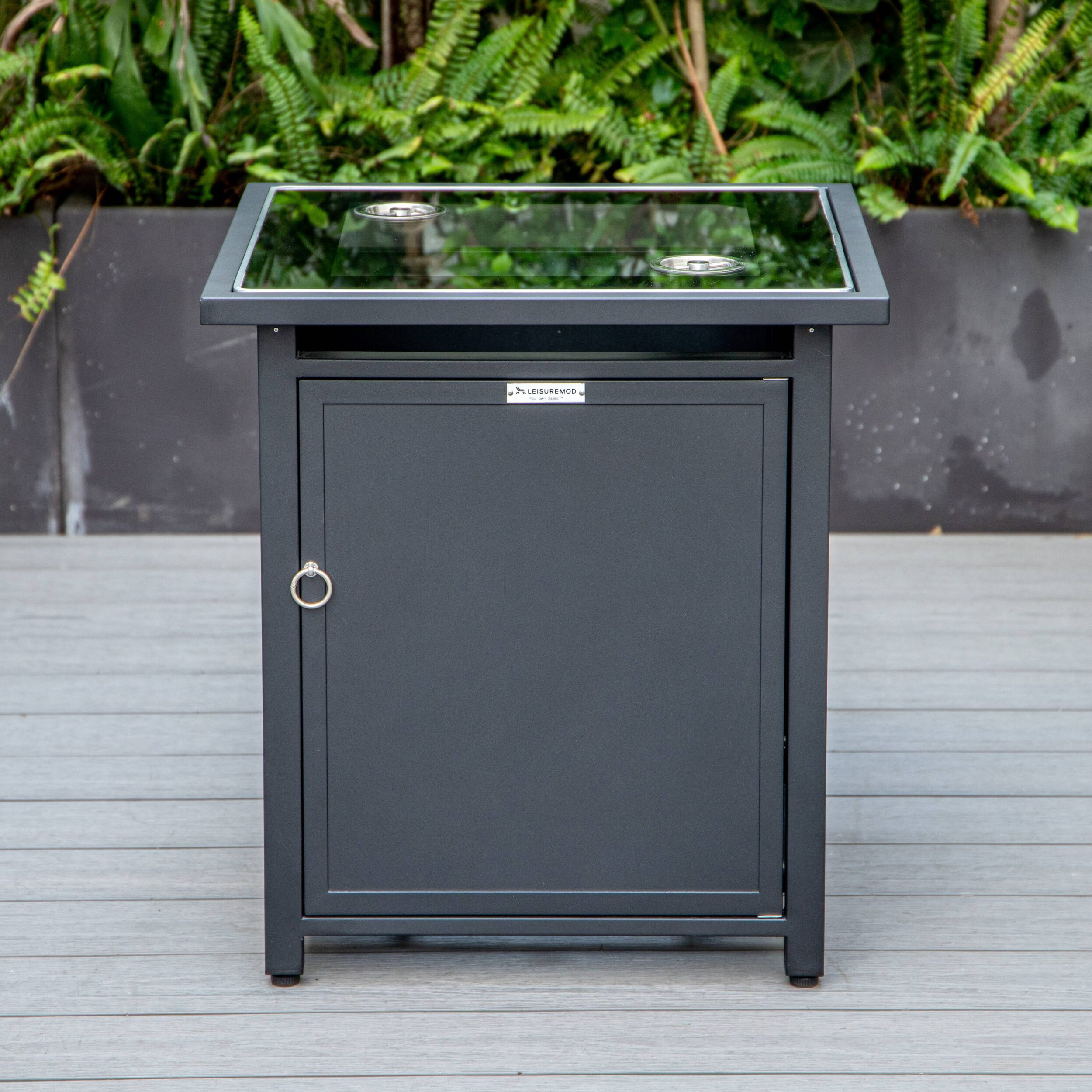 LeisureMod Walbrooke Modern Black Patio Conversation With Square Fire Pit & Tank Holder - Charcoal