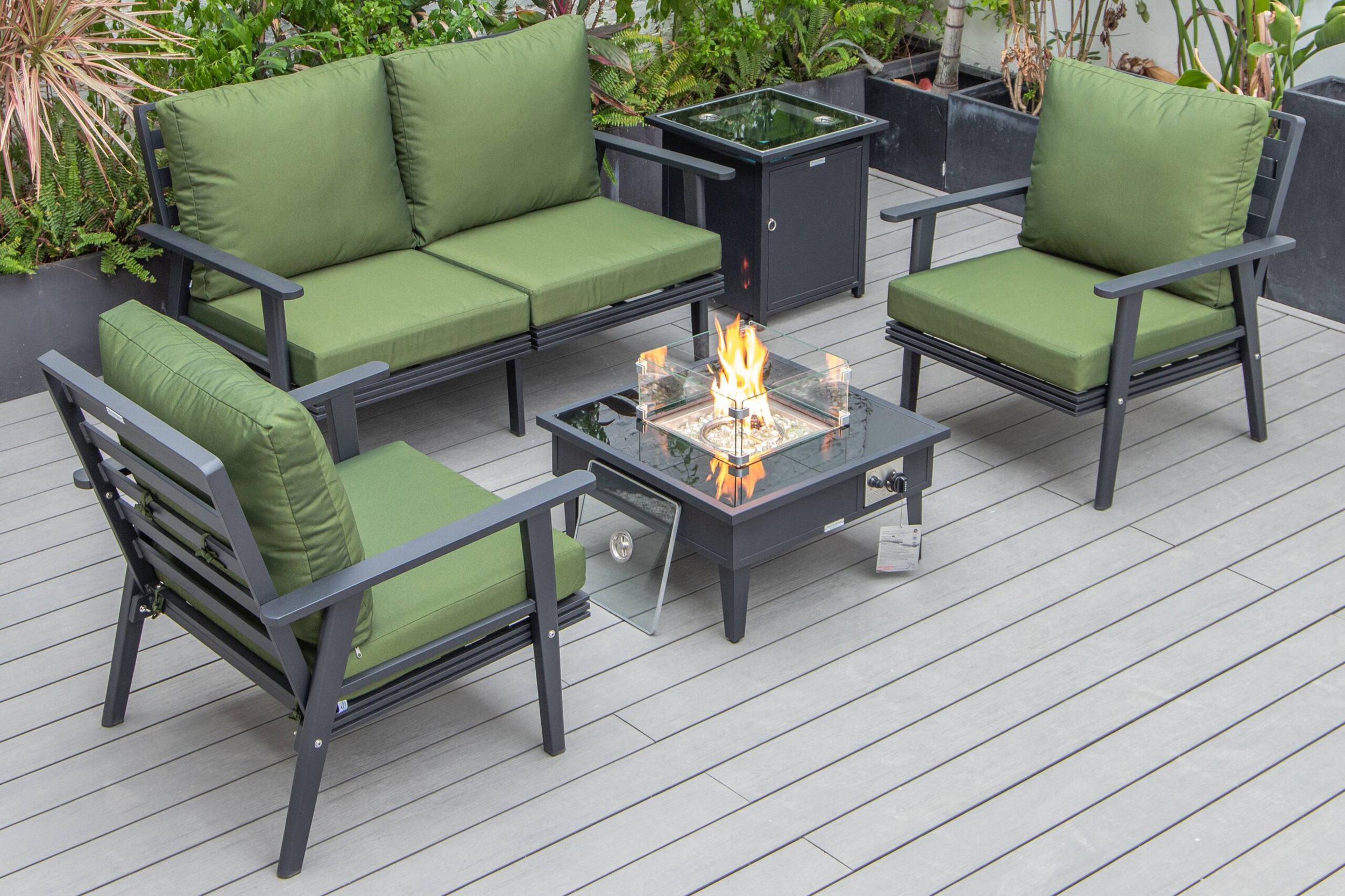 LeisureMod Walbrooke Modern Black Patio Conversation With Square Fire Pit & Tank Holder