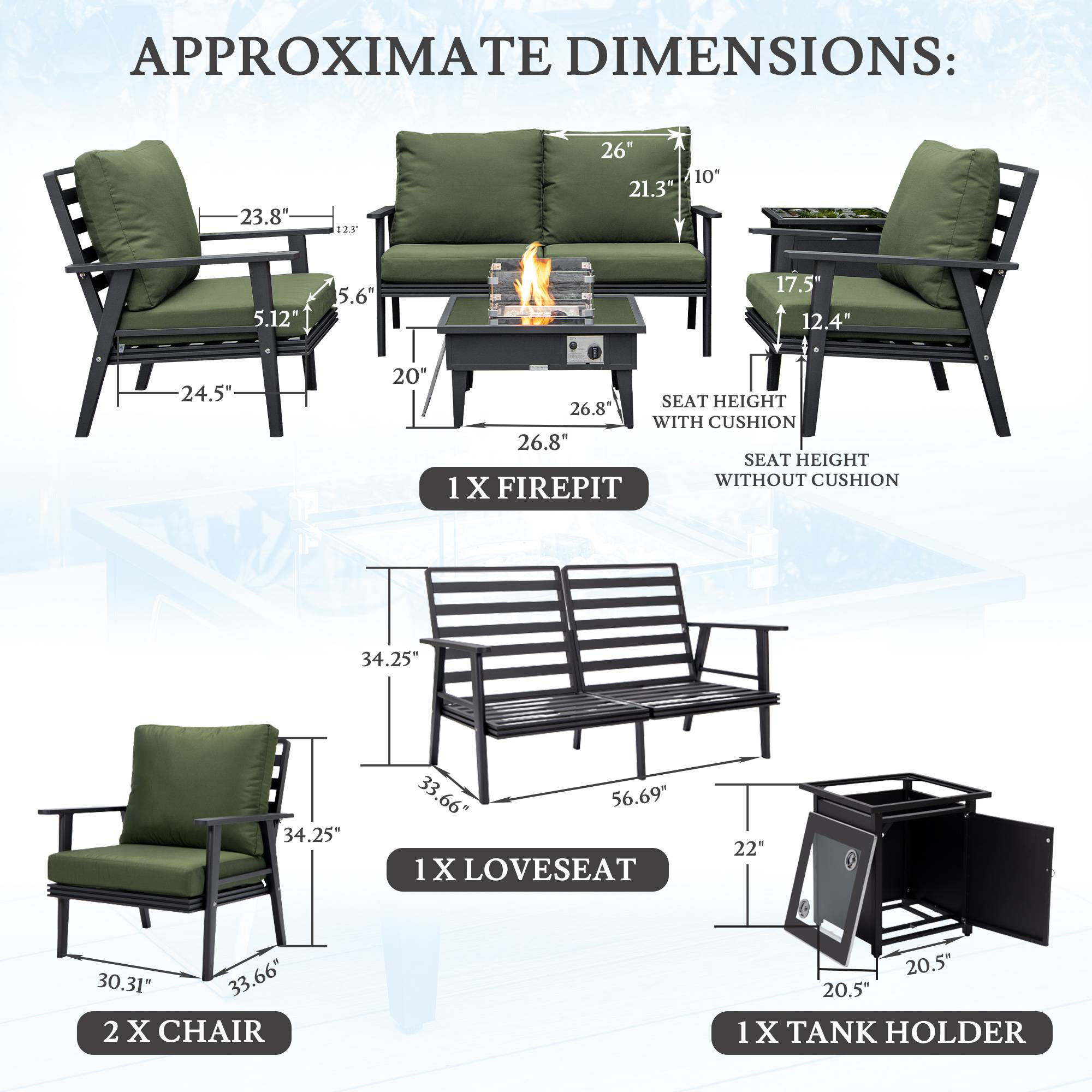 LeisureMod Walbrooke Modern Black Patio Conversation With Square Fire Pit & Tank Holder - Green