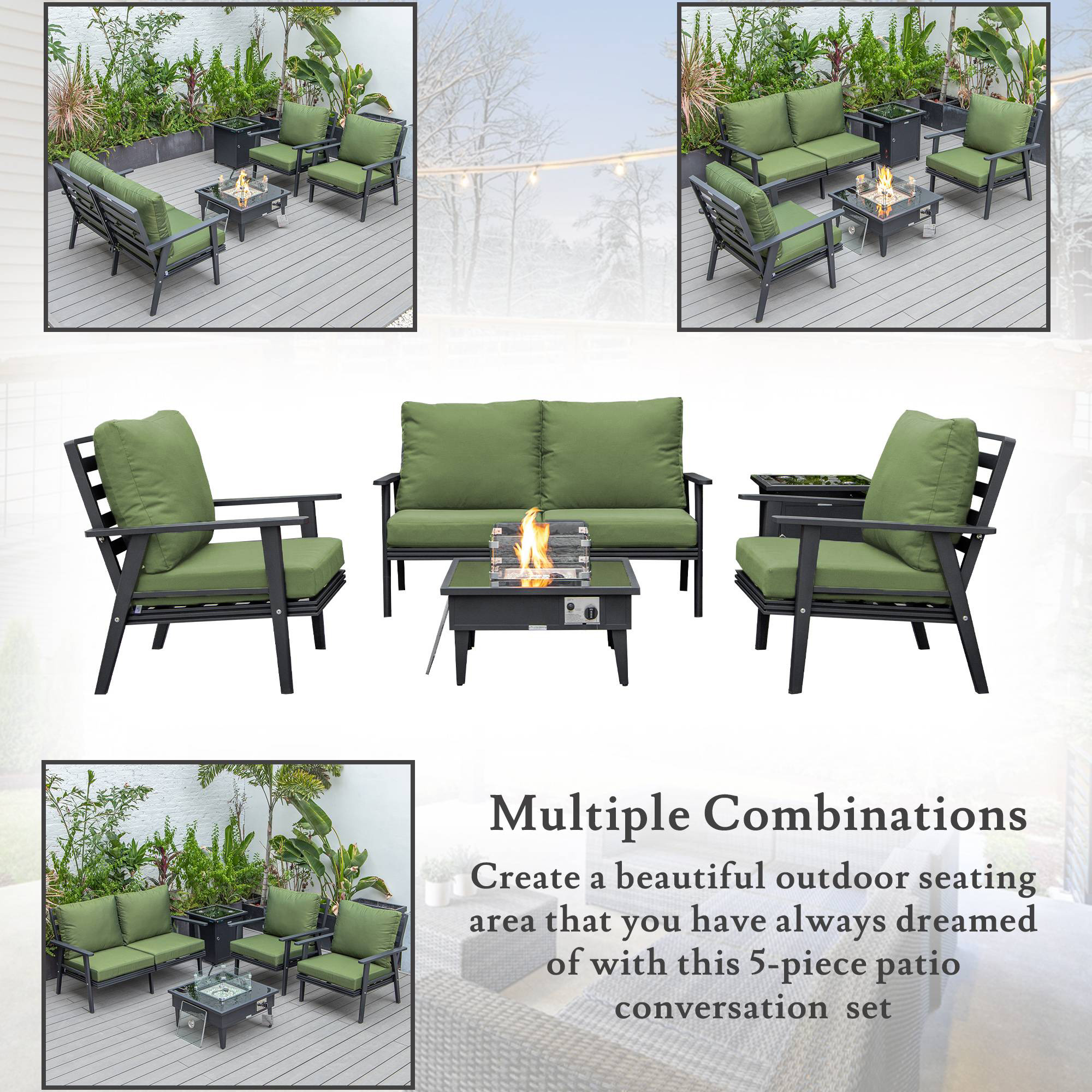 LeisureMod Walbrooke Modern Black Patio Conversation With Square Fire Pit & Tank Holder - Green