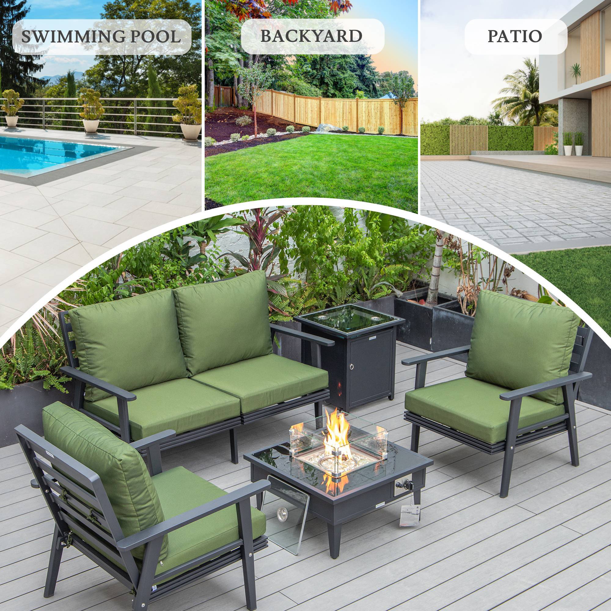 LeisureMod Walbrooke Modern Black Patio Conversation With Square Fire Pit & Tank Holder - Green