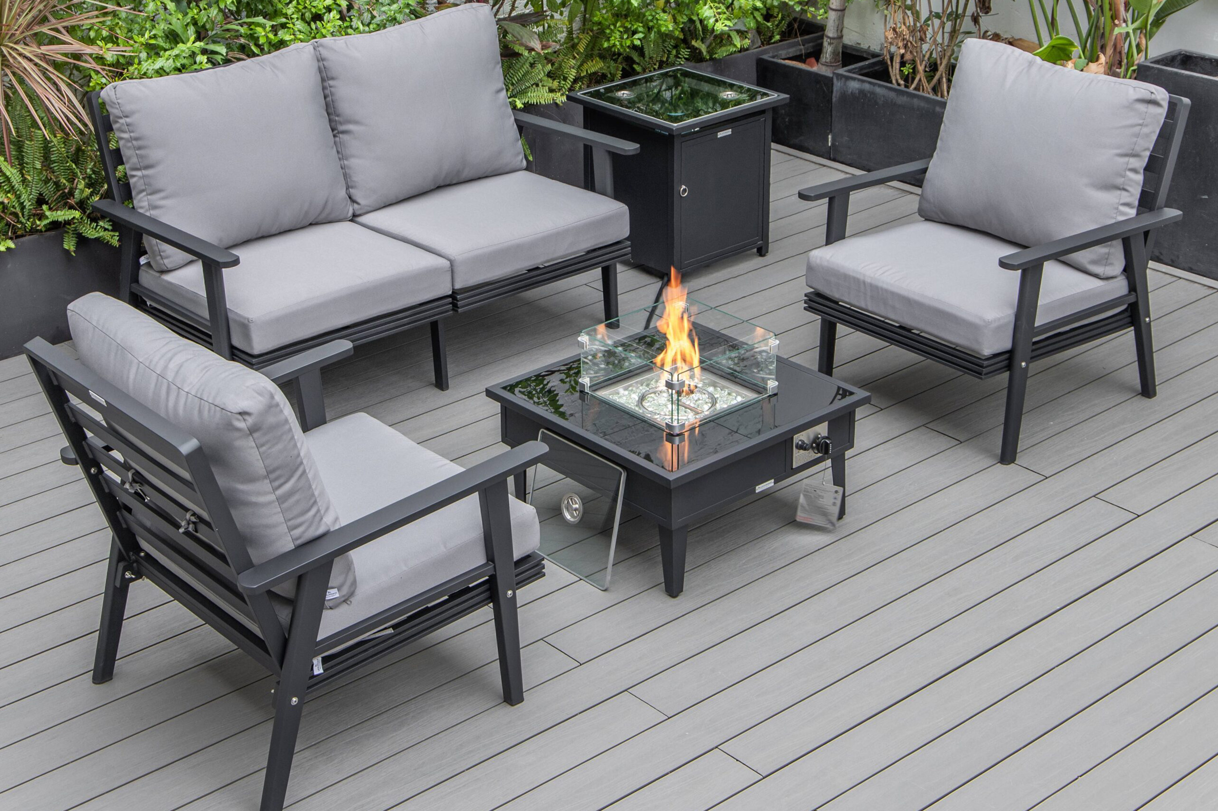 LeisureMod Walbrooke Modern Black Patio Conversation With Square Fire Pit & Tank Holder