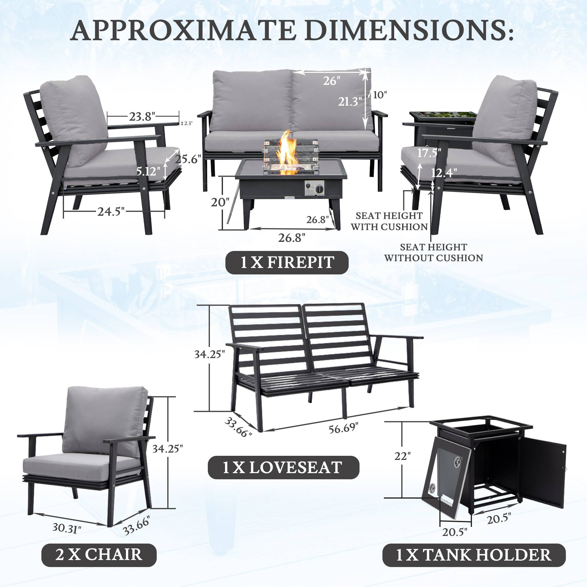 LeisureMod Walbrooke Modern Black Patio Conversation With Square Fire Pit & Tank Holder - Gray