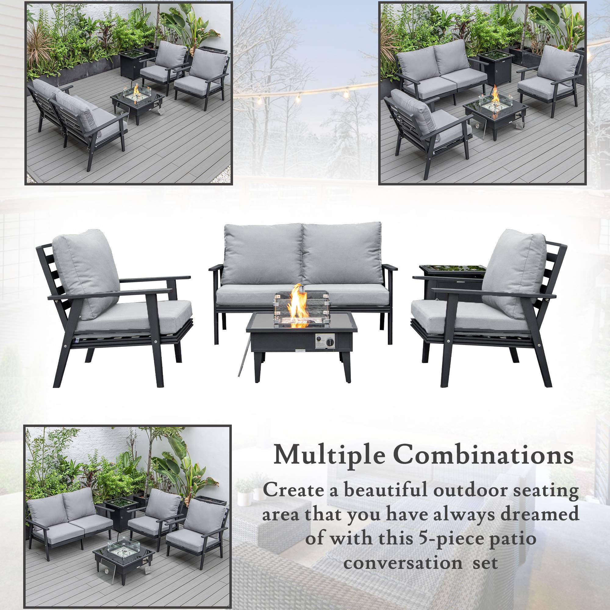 LeisureMod Walbrooke Modern Black Patio Conversation With Square Fire Pit & Tank Holder - Gray