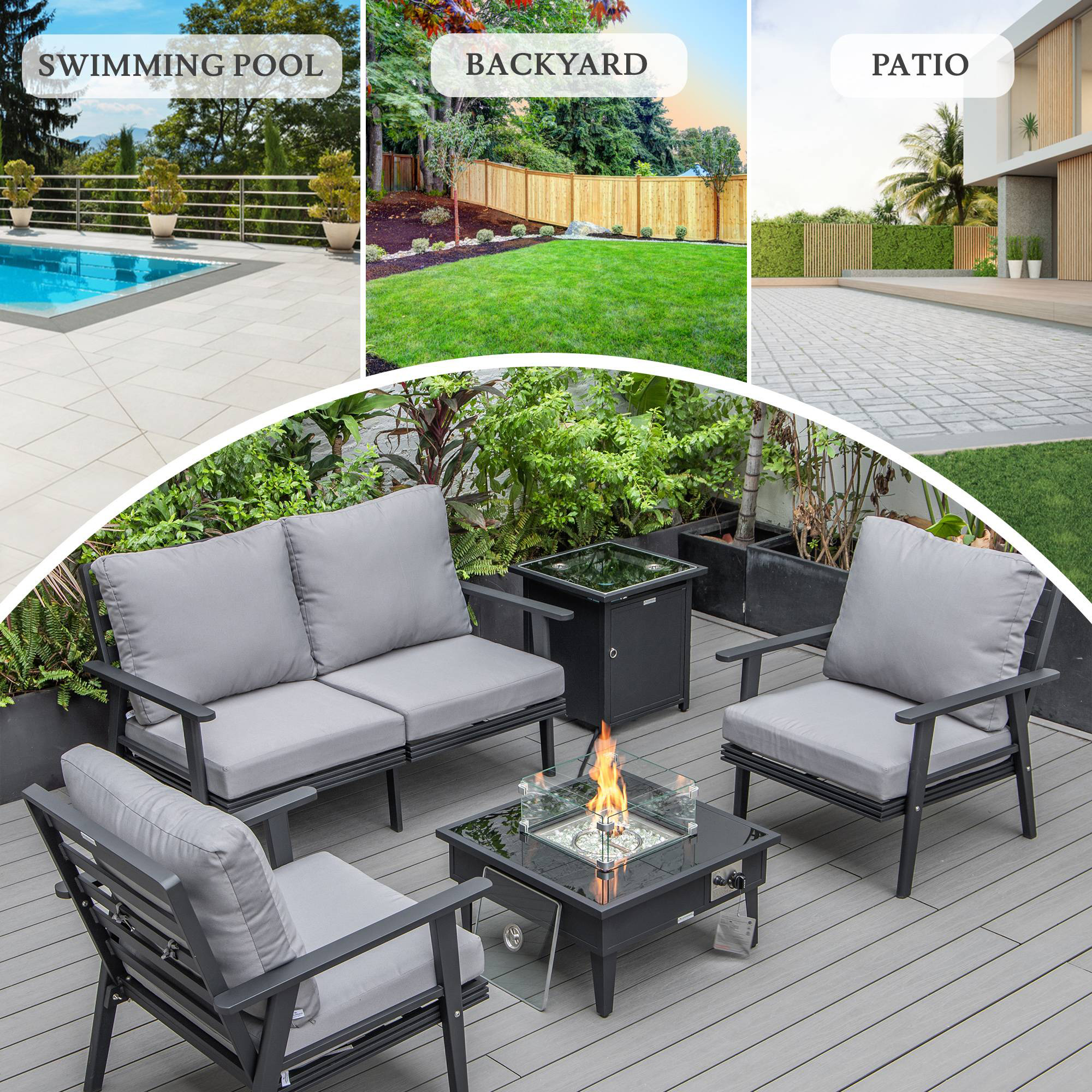 LeisureMod Walbrooke Modern Black Patio Conversation With Square Fire Pit & Tank Holder - Gray