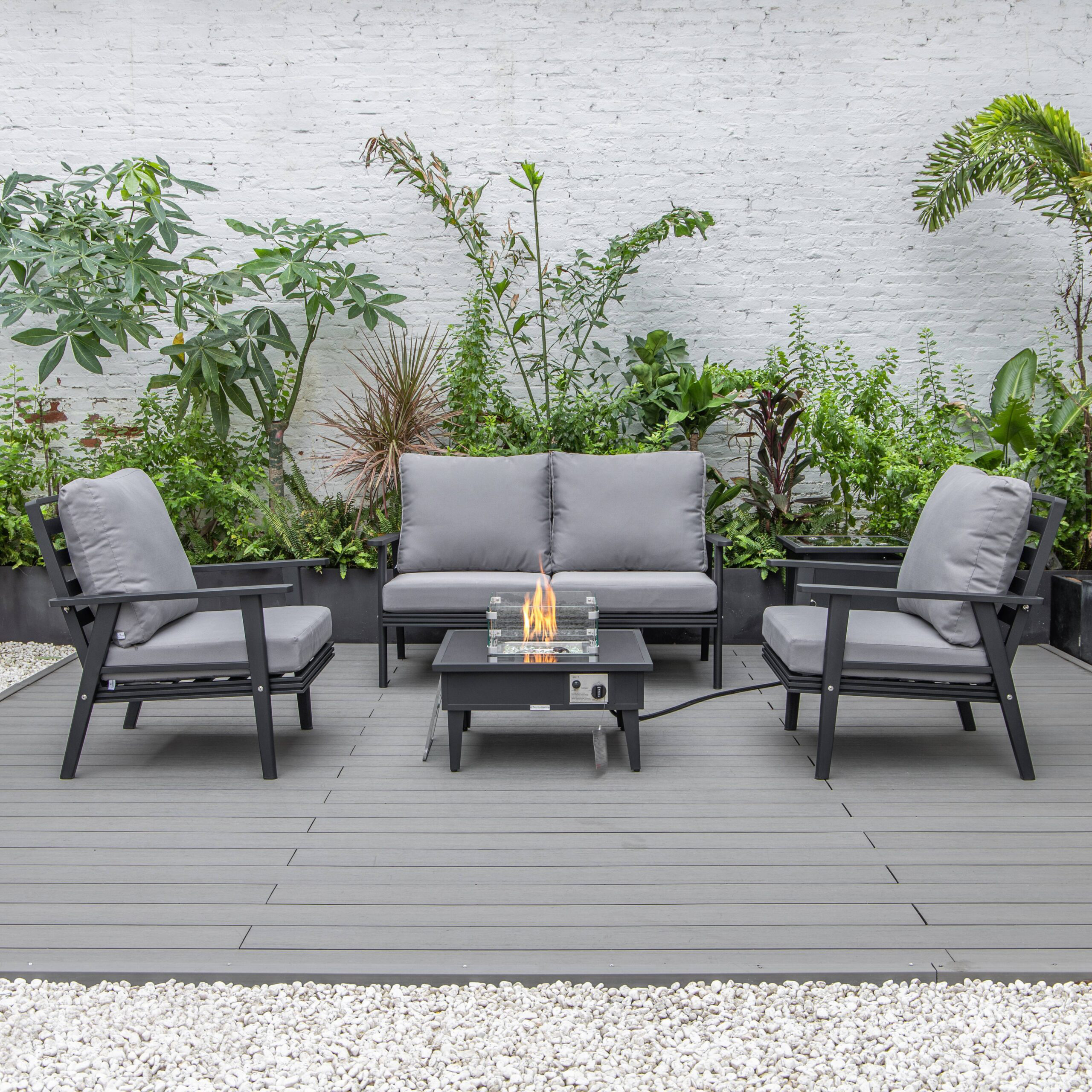 LeisureMod Walbrooke Modern Black Patio Conversation With Square Fire Pit & Tank Holder - Gray