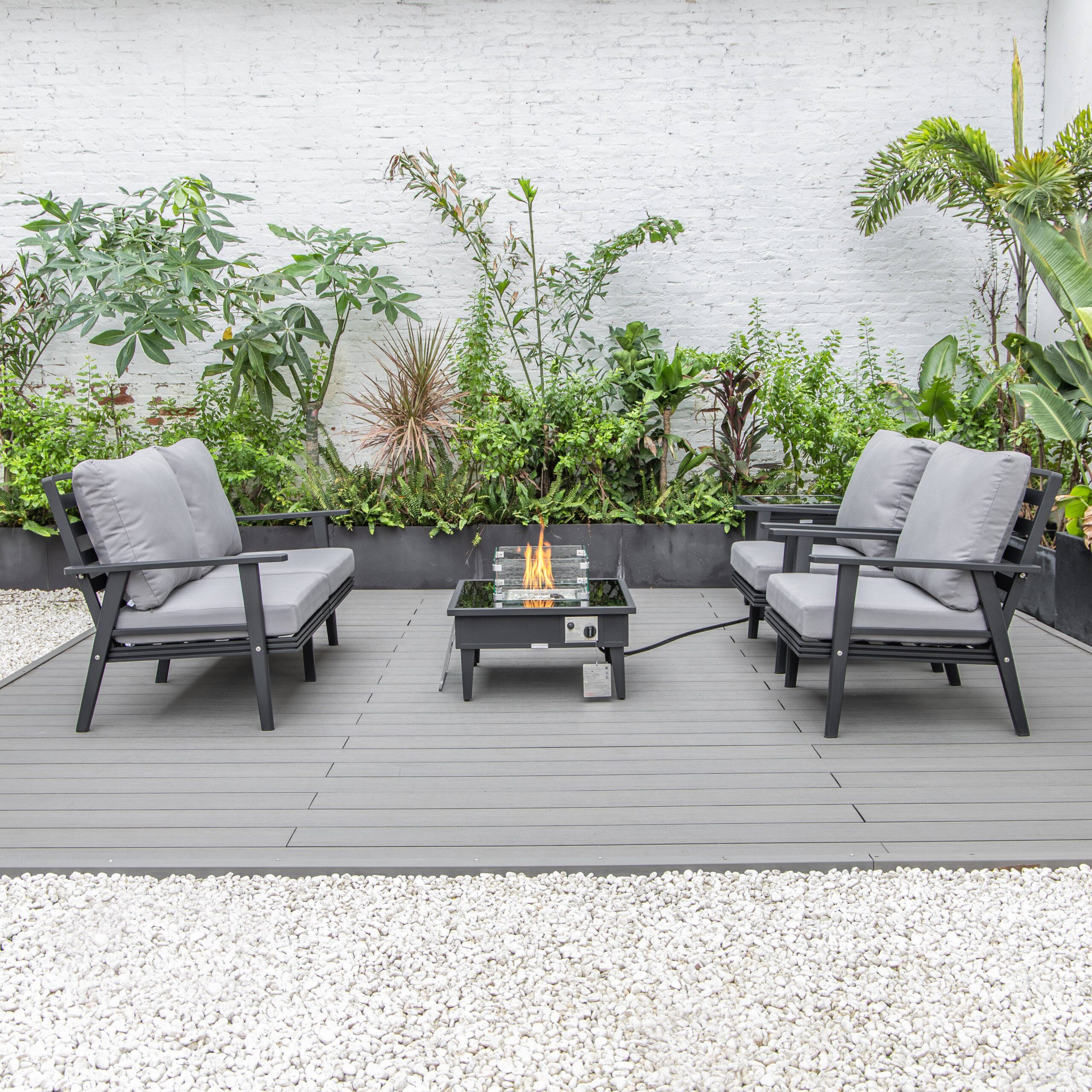 LeisureMod Walbrooke Modern Black Patio Conversation With Square Fire Pit & Tank Holder - Gray