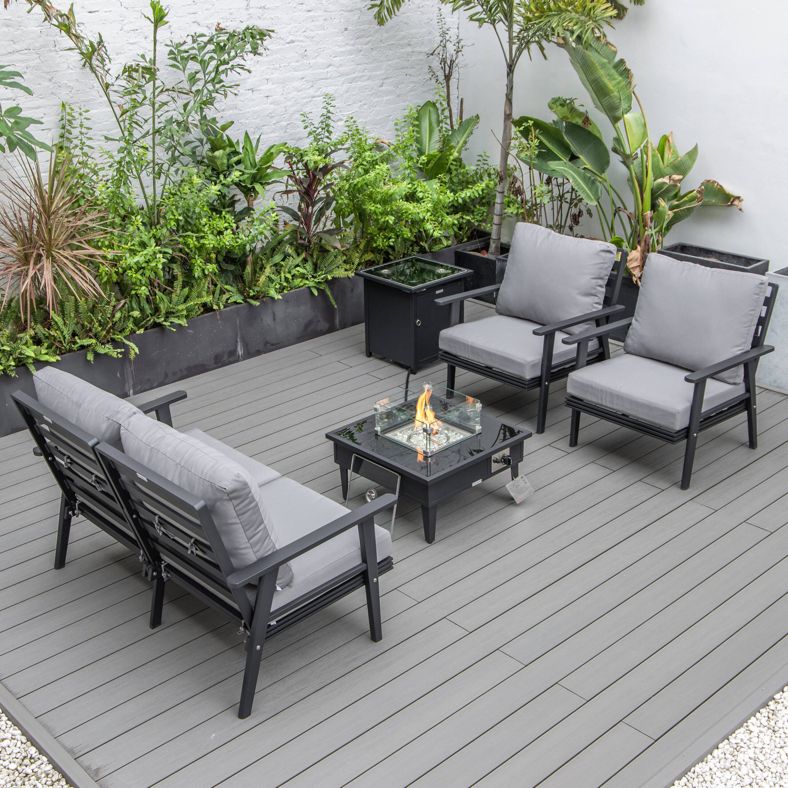 LeisureMod Walbrooke Modern Black Patio Conversation With Square Fire Pit & Tank Holder - Gray